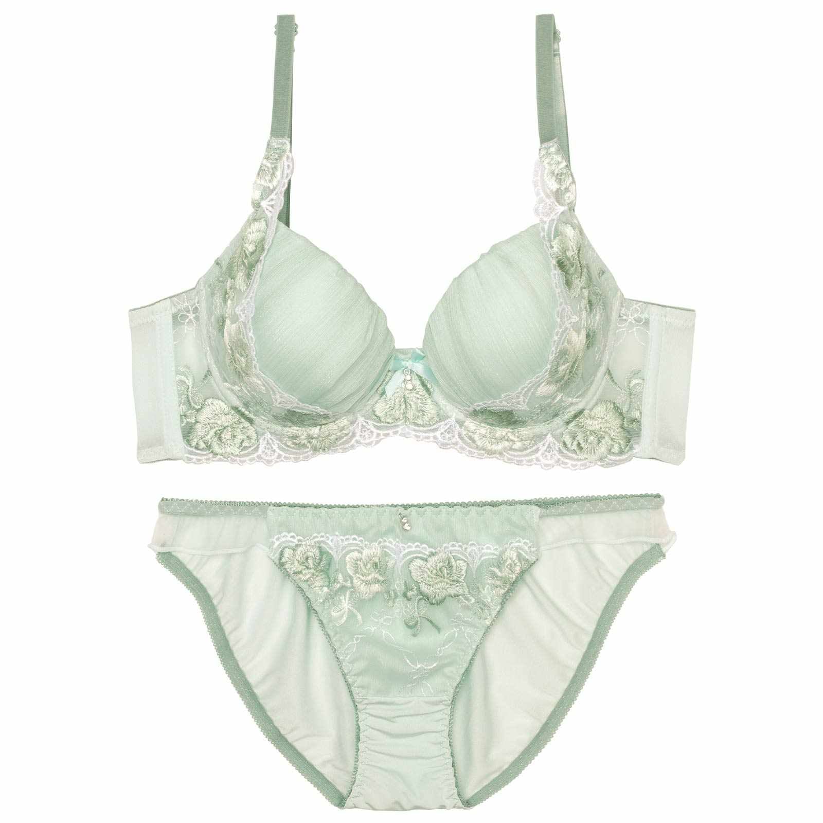 プリーツチュールエンブロイダリー育乳脇高ブラジャー&フルバックショーツ