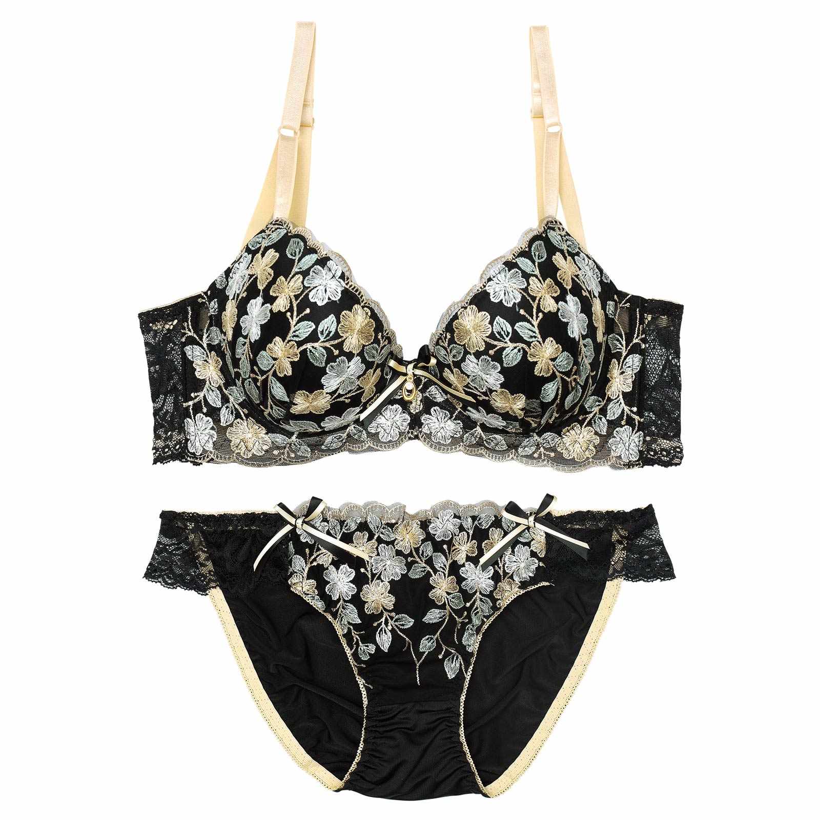 ミニョンフルールリボン育乳脇高ブラジャー&フルバックショーツ