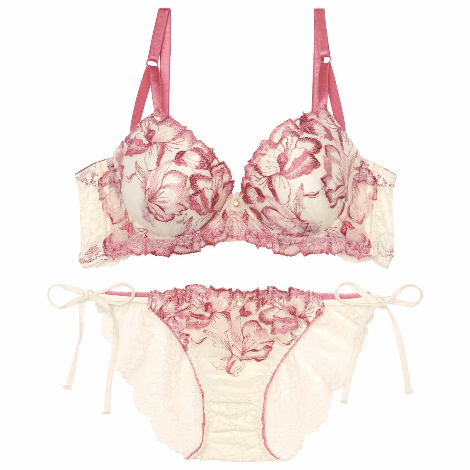 アロマティックフラワー育乳脇高ブラジャー&サイド紐バック透けフルバックショーツ