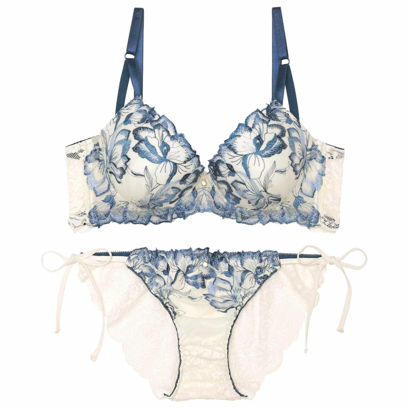 アロマティックフラワー育乳脇高ブラジャー&サイド紐バック透けフルバックショーツ