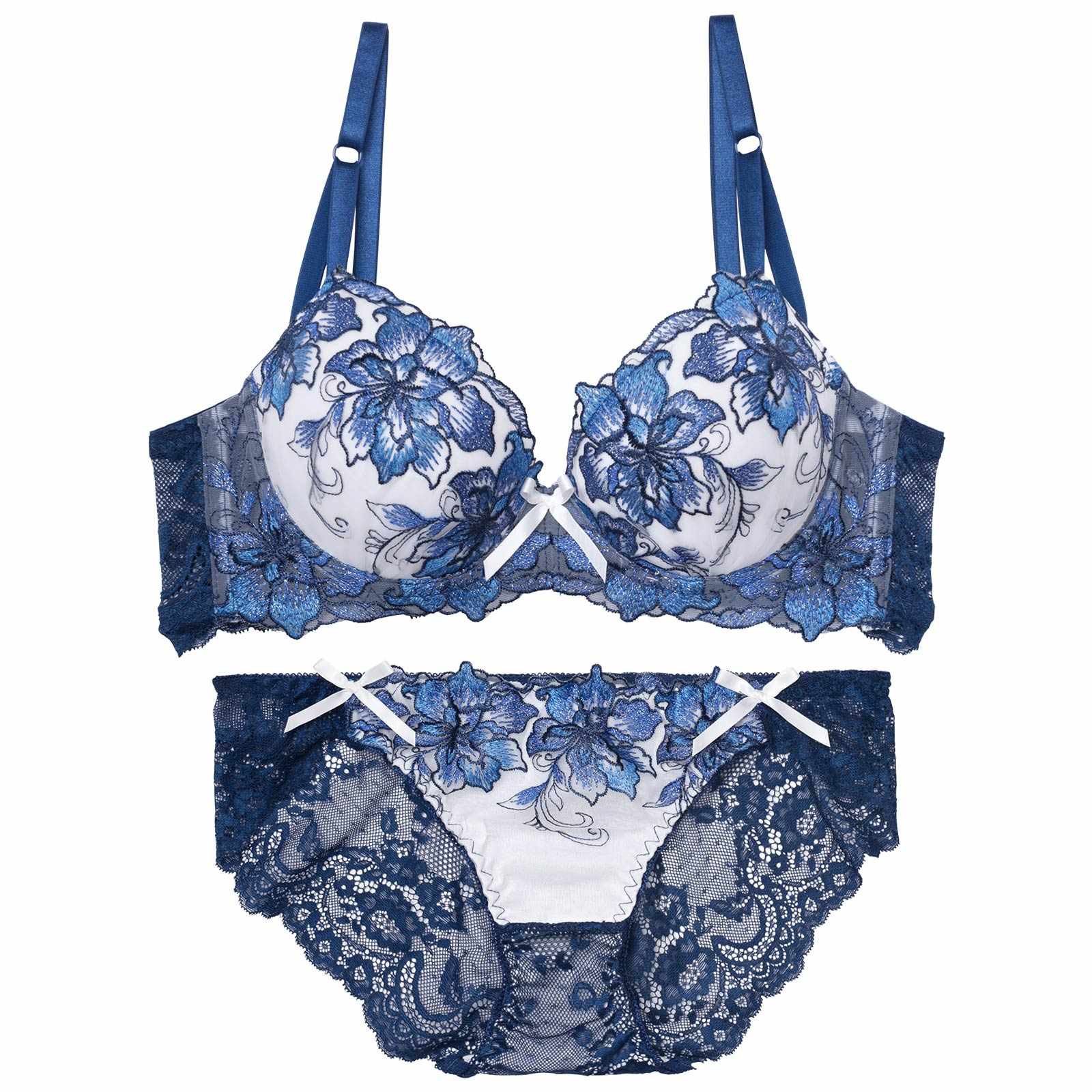 【三上悠亜着用】【EFサイズ】ロイヤルラメフラワー育乳脇高ブラジャー&バック透けフルバックショーツ