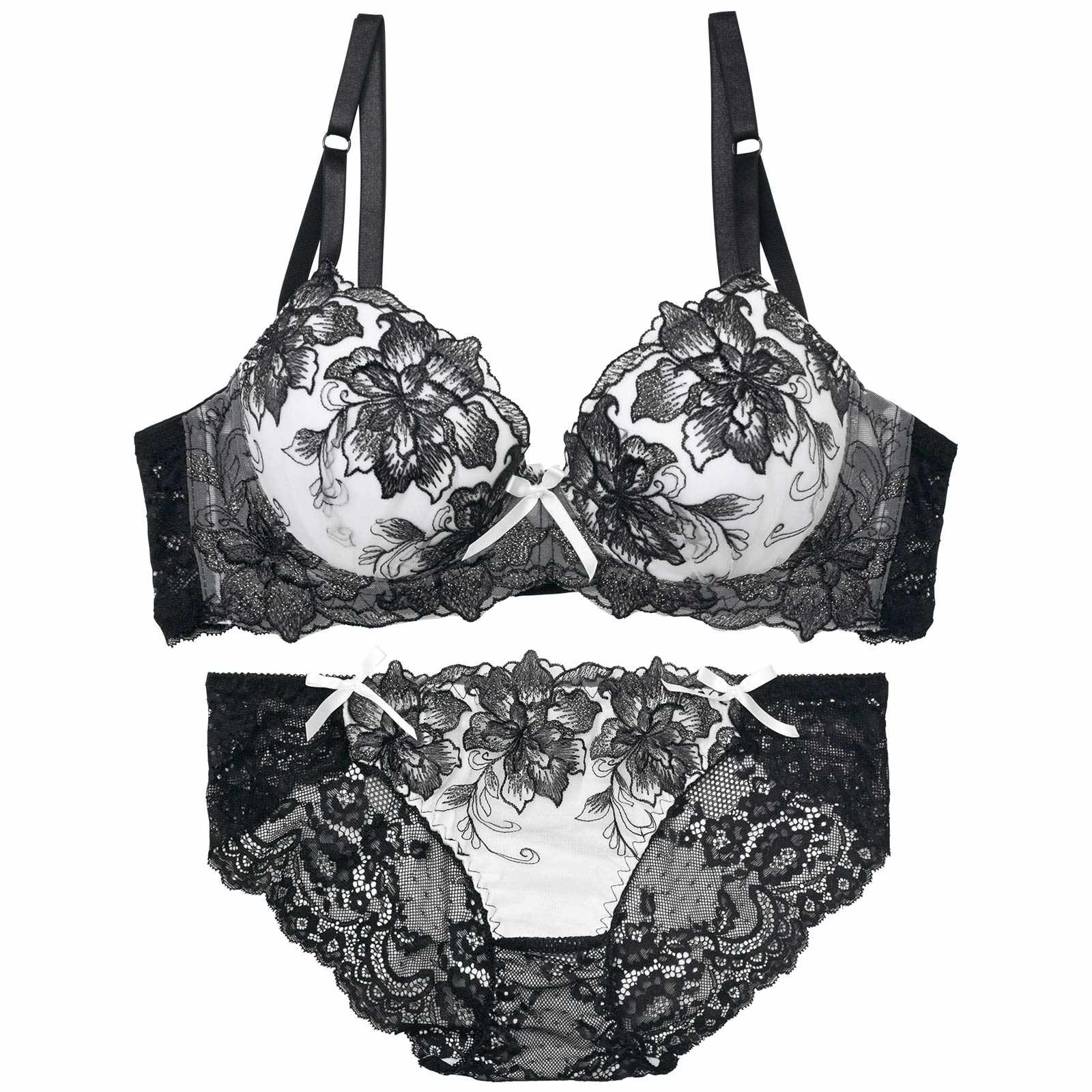 【三上悠亜着用】【EFサイズ】ロイヤルラメフラワー育乳脇高ブラジャー&バック透けフルバックショーツ