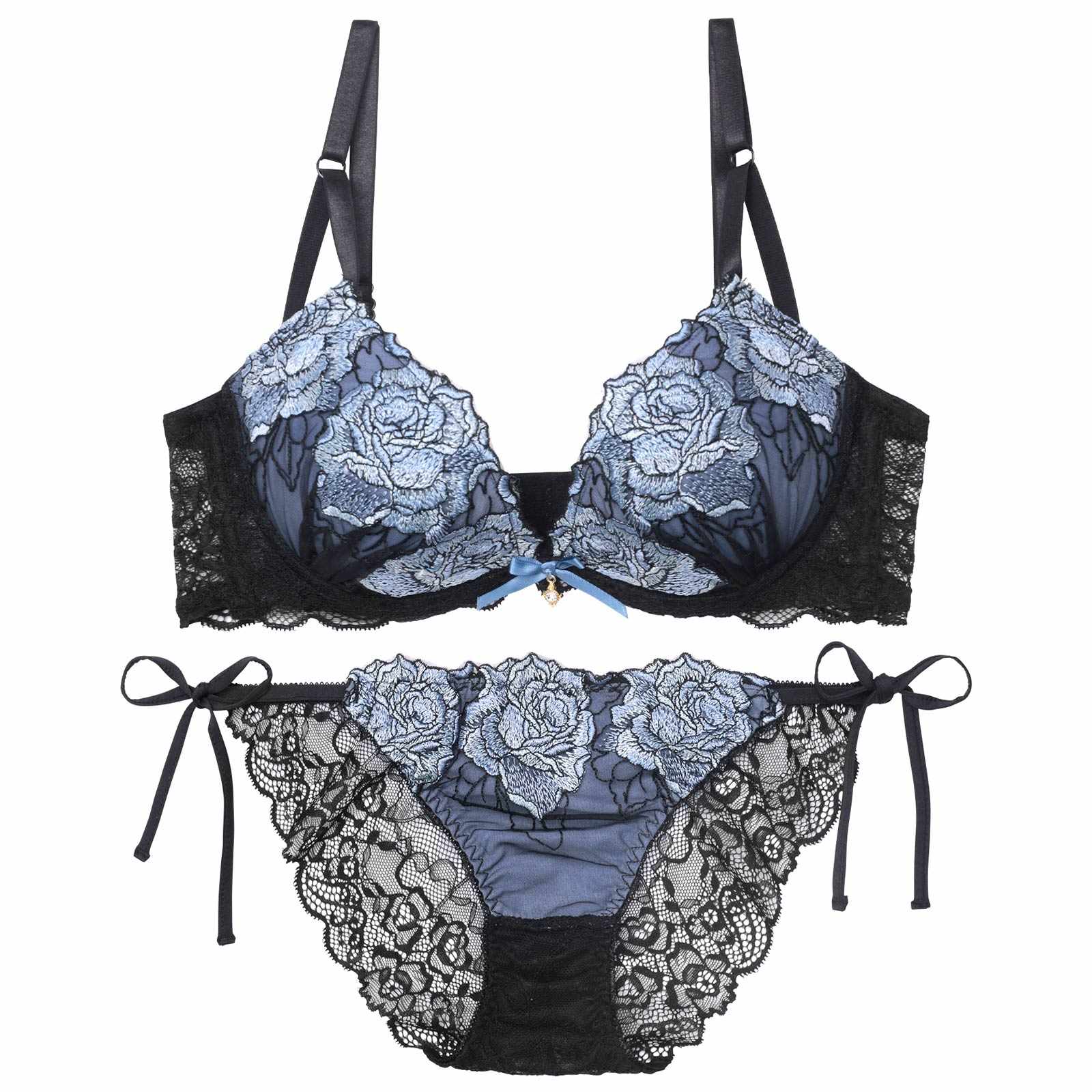 【三上悠亜着用】セレーナローズエンブロイダリー育乳脇高ブラジャー&サイド紐バック透けフルバックショーツ