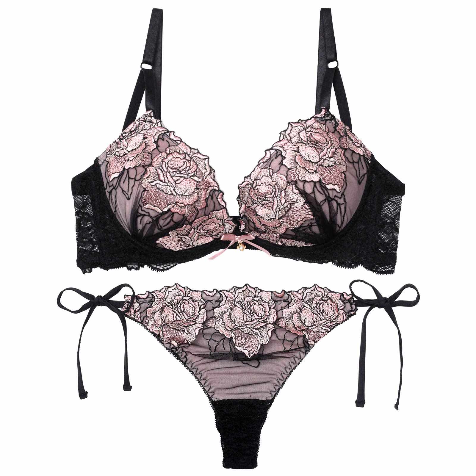 【三上悠亜着用】セレーナローズエンブロイダリー育乳脇高ブラジャー&サイド紐バック透けTバックショーツ