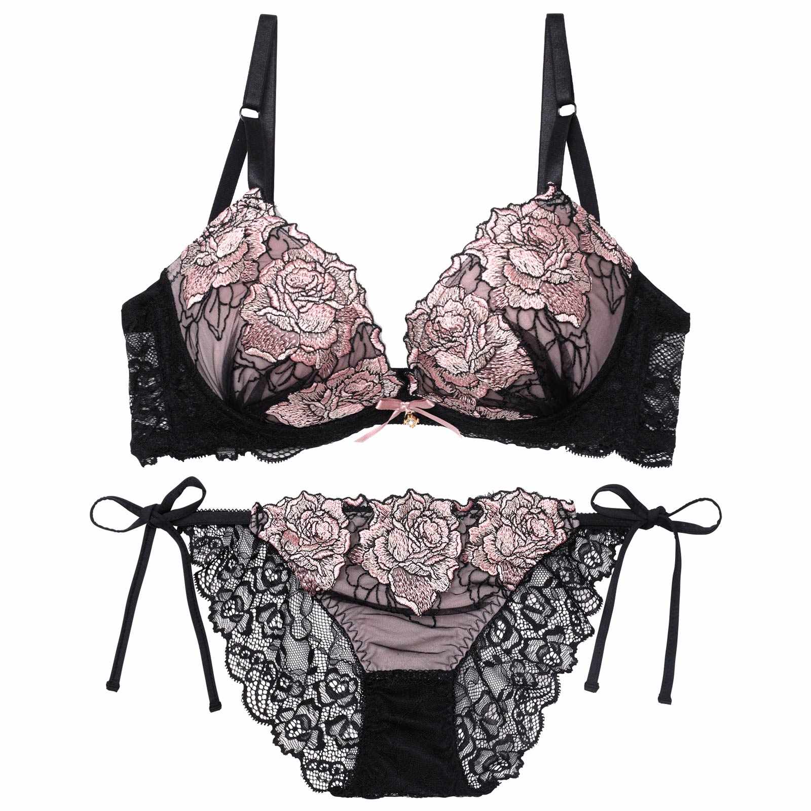 【三上悠亜着用】【EFサイズ】セレーナローズエンブロイダリー育乳脇高ブラジャー&サイド紐バック透けフルバックショーツ