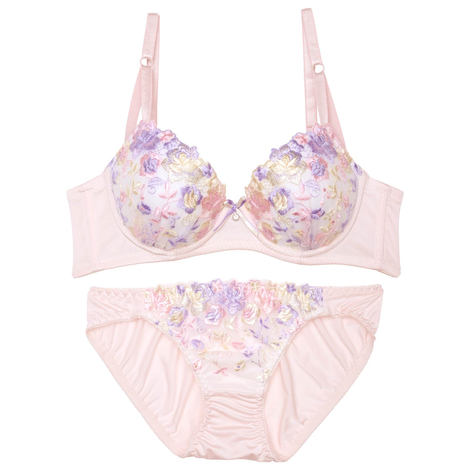 カラフルフラワーエンブロイダリー育乳脇高ブラジャー&フルバックショーツ