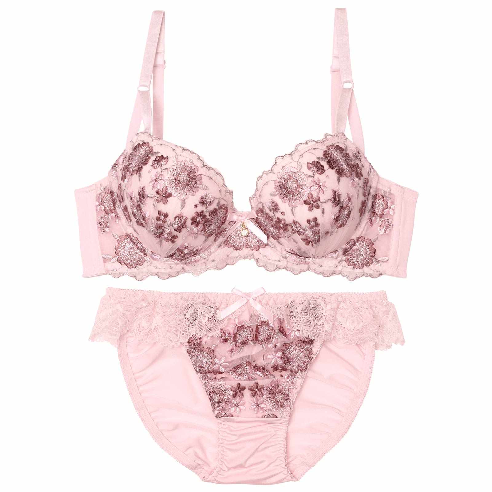 【EFサイズ】メルティピオニーエンブロイダリー育乳脇高ブラジャー&フルバックショーツ