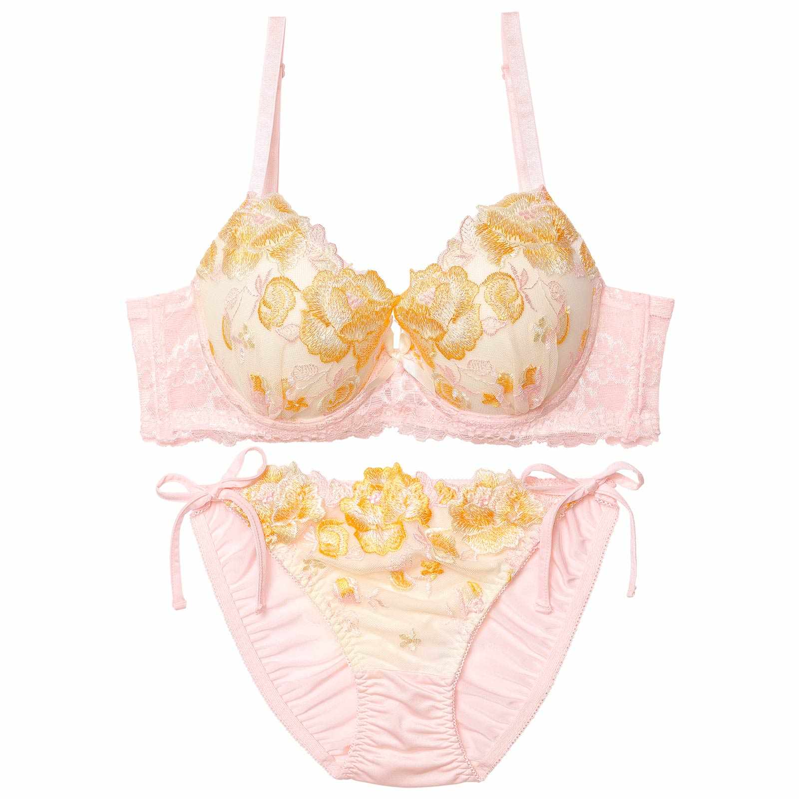 10/8新作!フェミニンパステルピオニー育乳脇高ブラジャー&サイド紐フルバックショーツ