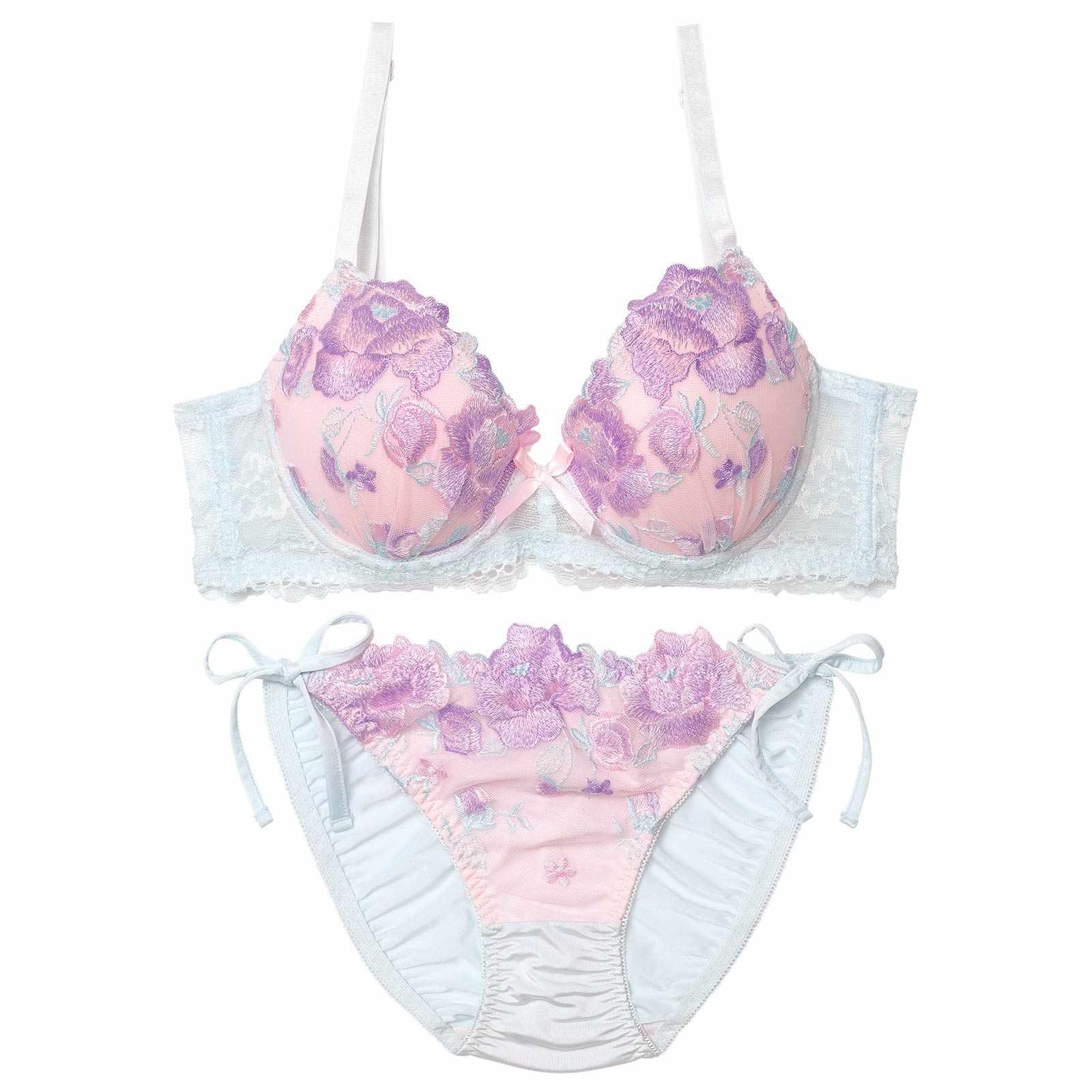 フェミニンパステルピオニー育乳脇高ブラジャー&サイド紐フルバックショーツ