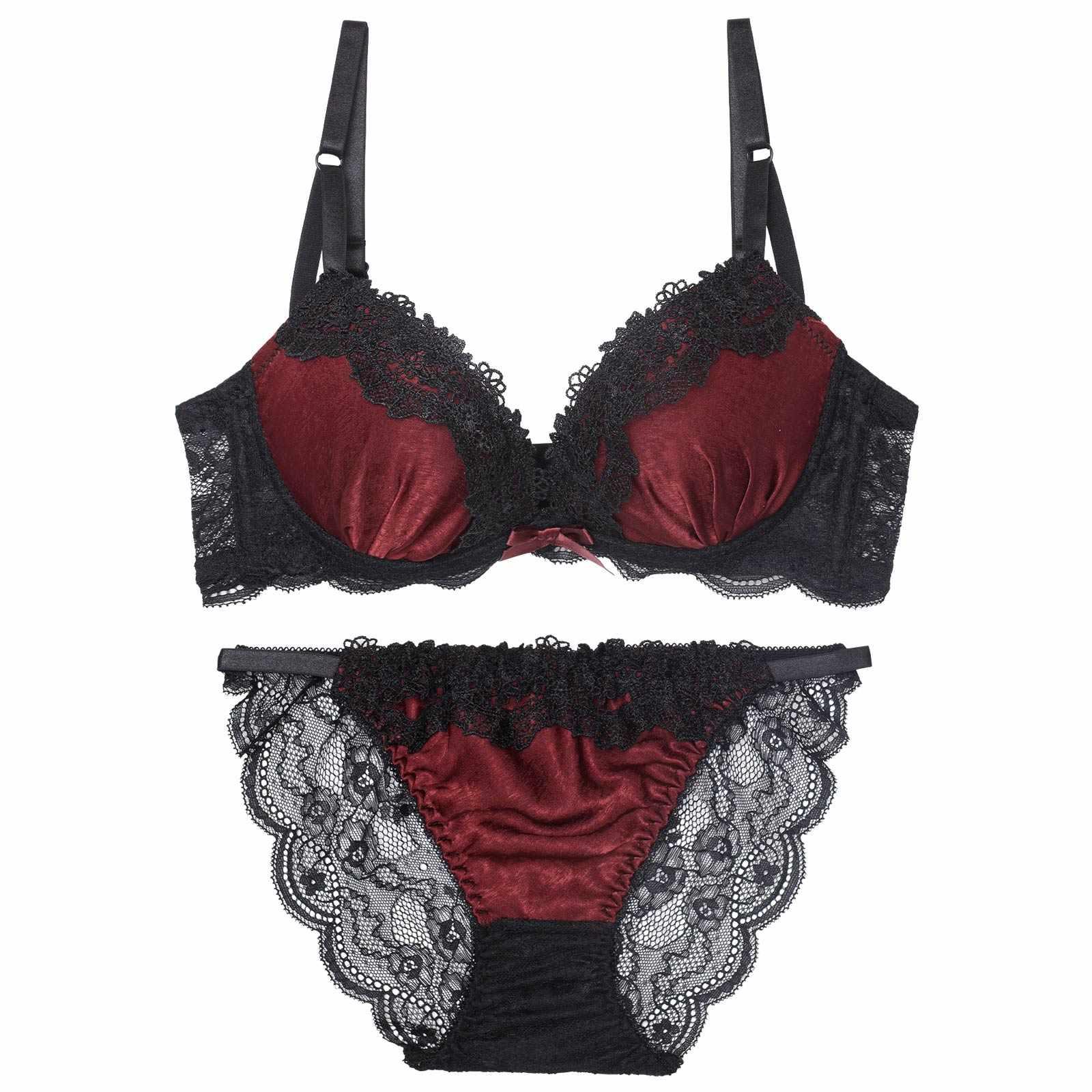 【EFサイズ】シックサテンレーシィ育乳脇高ブラジャー&バック透けフルバックショーツ