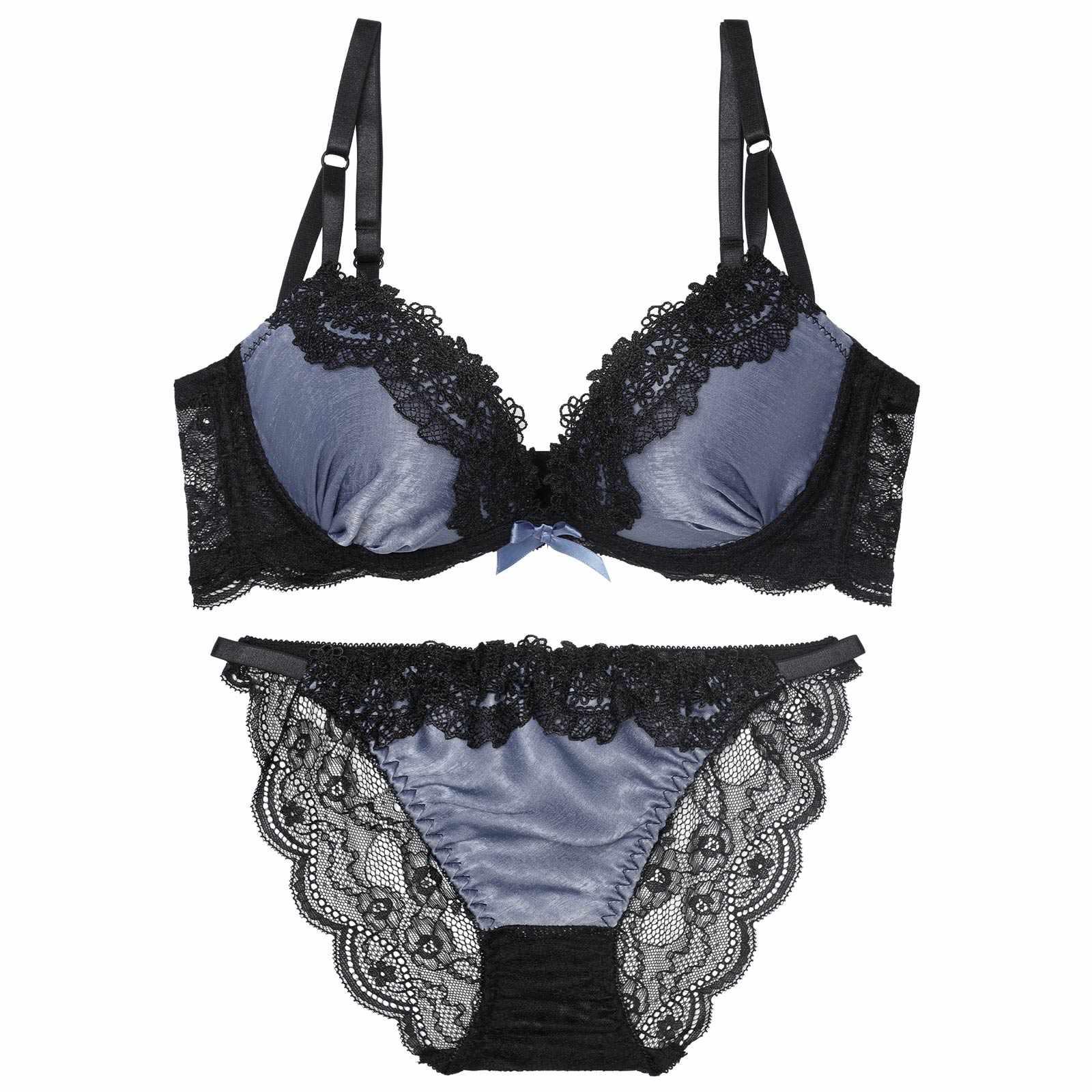 【EFサイズ】シックサテンレーシィ育乳脇高ブラジャー&バック透けフルバックショーツ