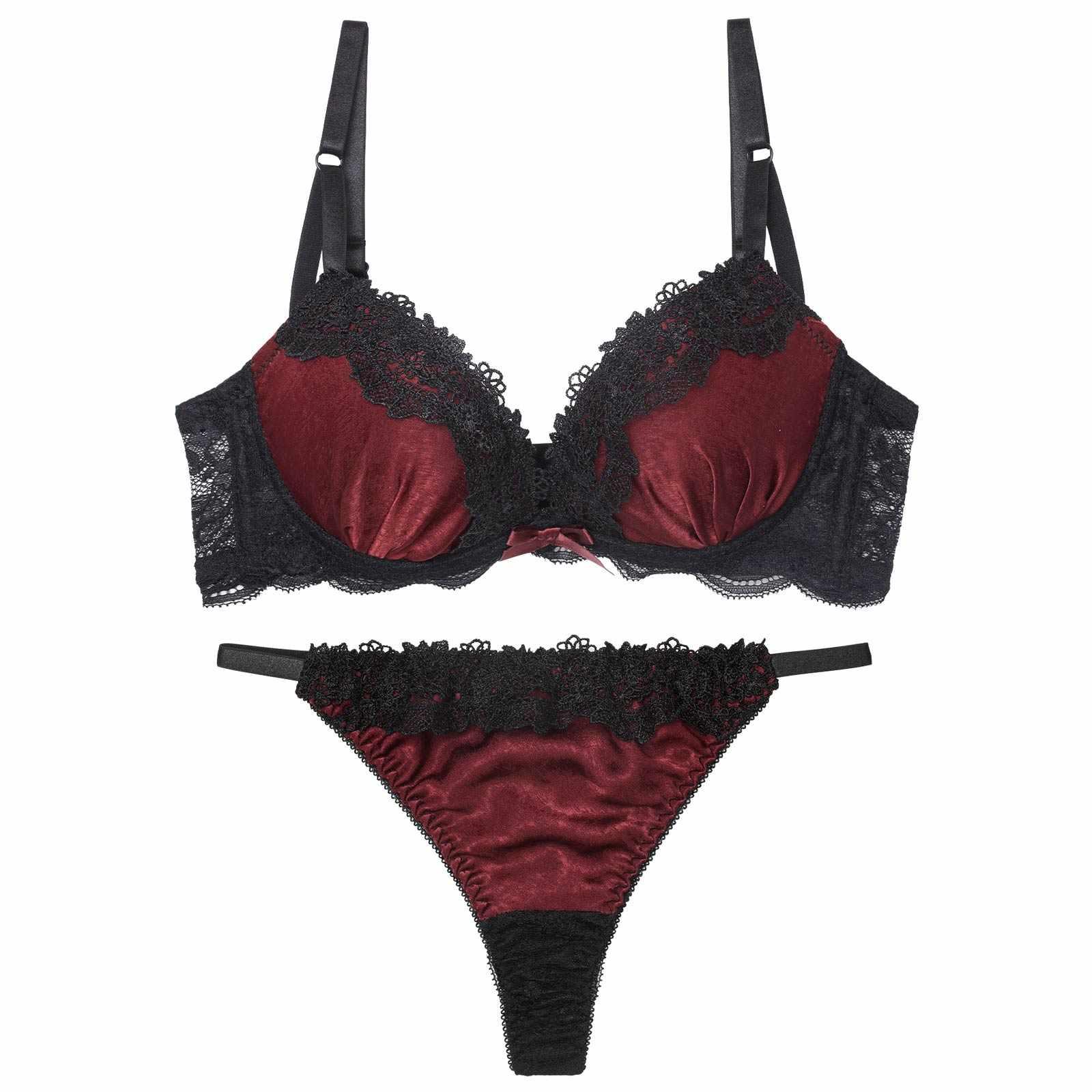 【EFサイズ】シックサテンレーシィ育乳脇高ブラジャー&バック透けTバックショーツ