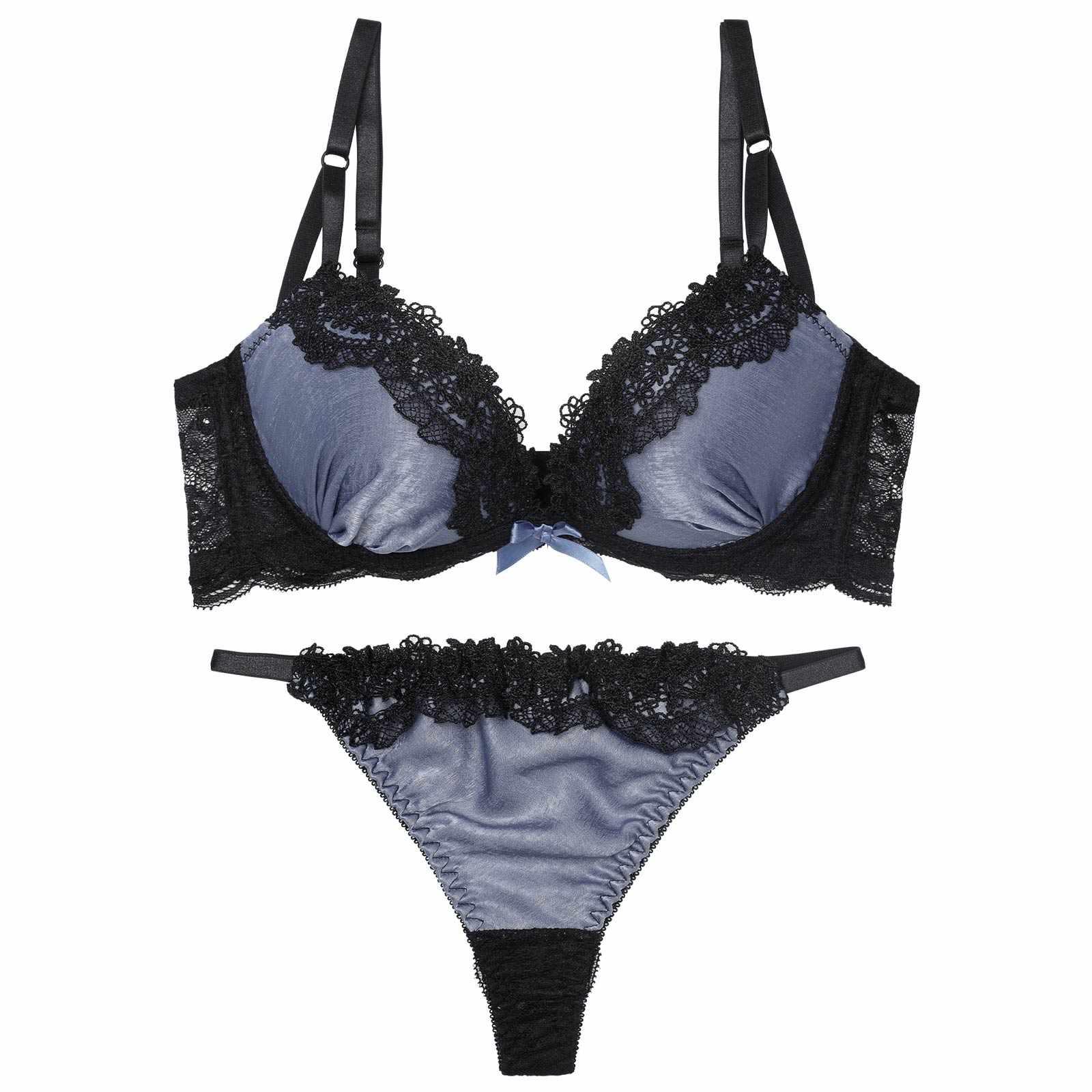 【EFサイズ】シックサテンレーシィ育乳脇高ブラジャー&バック透けTバックショーツ