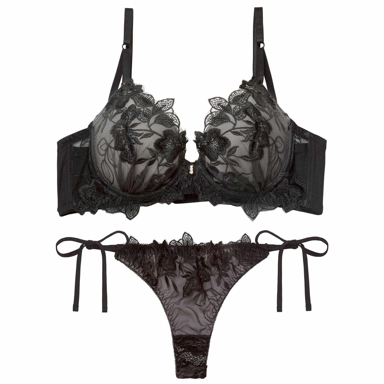 12/26新作!【三上悠亜着用】ノーブルボタニカルエンブロイダリー育乳脇高ブラジャー&サイド紐バック透けTバックショーツ