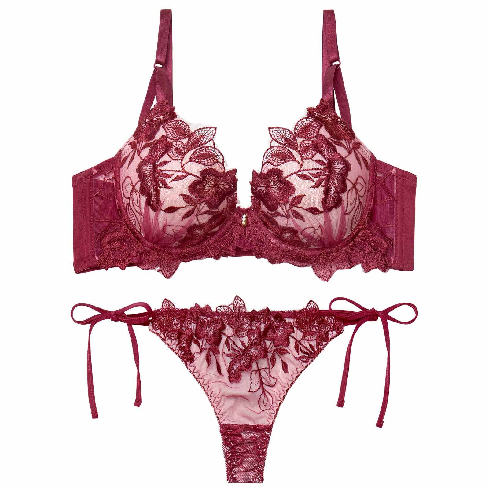 12/26新作!【三上悠亜着用】【EFサイズ】ノーブルボタニカルエンブロイダリー育乳脇高ブラジャー&サイド紐バック透けTバックショーツ