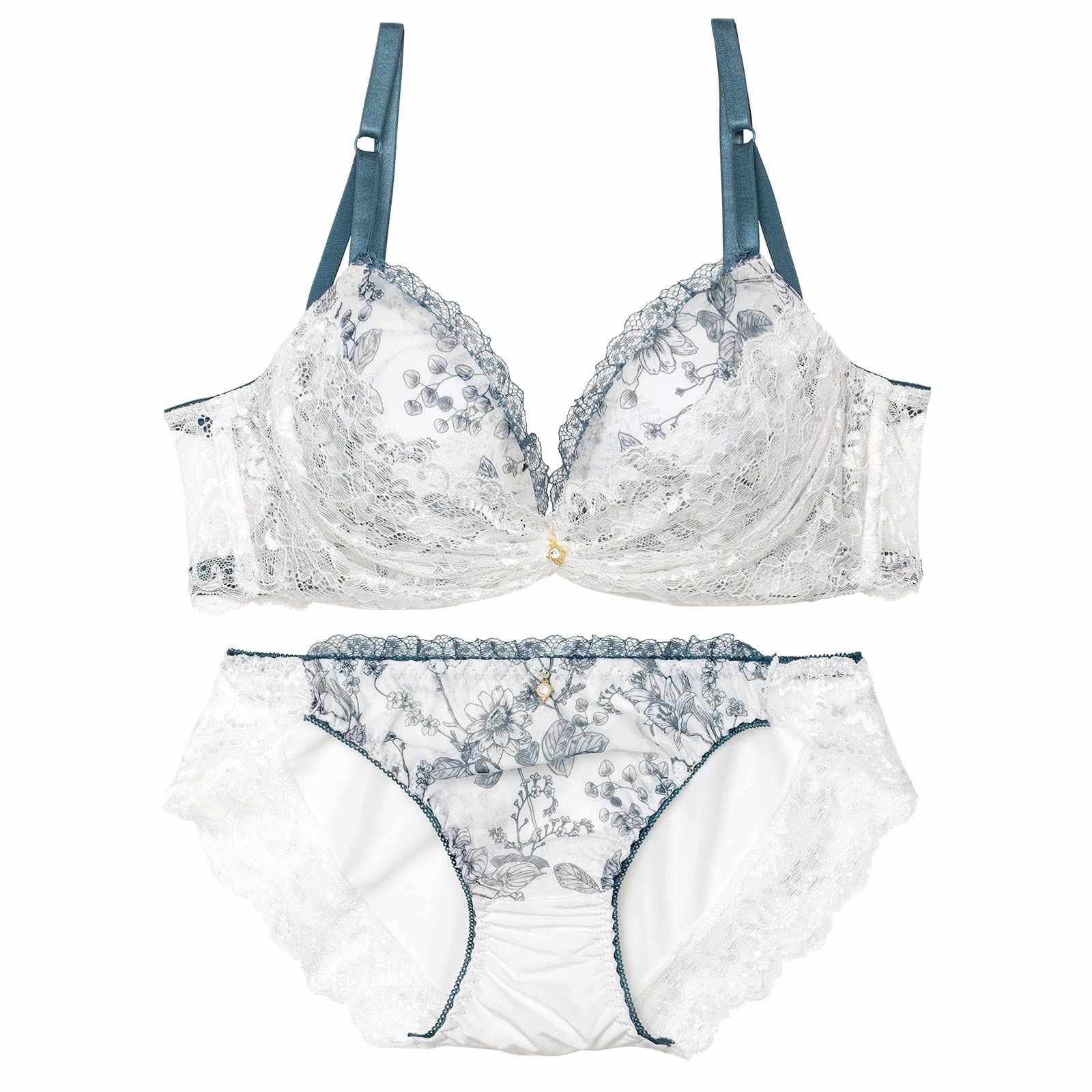 ブロッサムギャザーレース育乳脇高ブラジャー&フルバックショーツ
