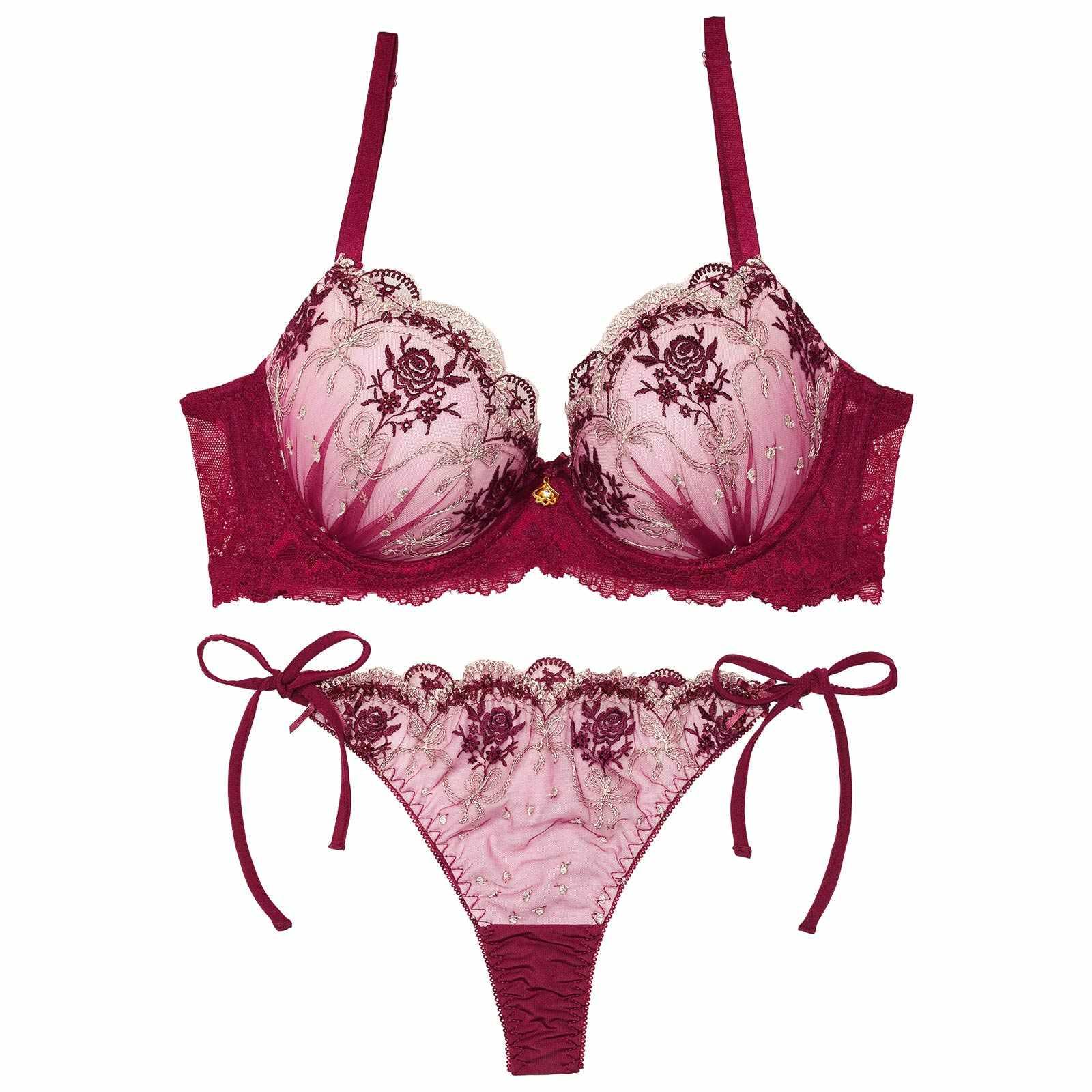 2/13新作!ラグジュアリーローズブーケ育乳脇高ブラジャー&サイド紐バック透けTバックショーツ