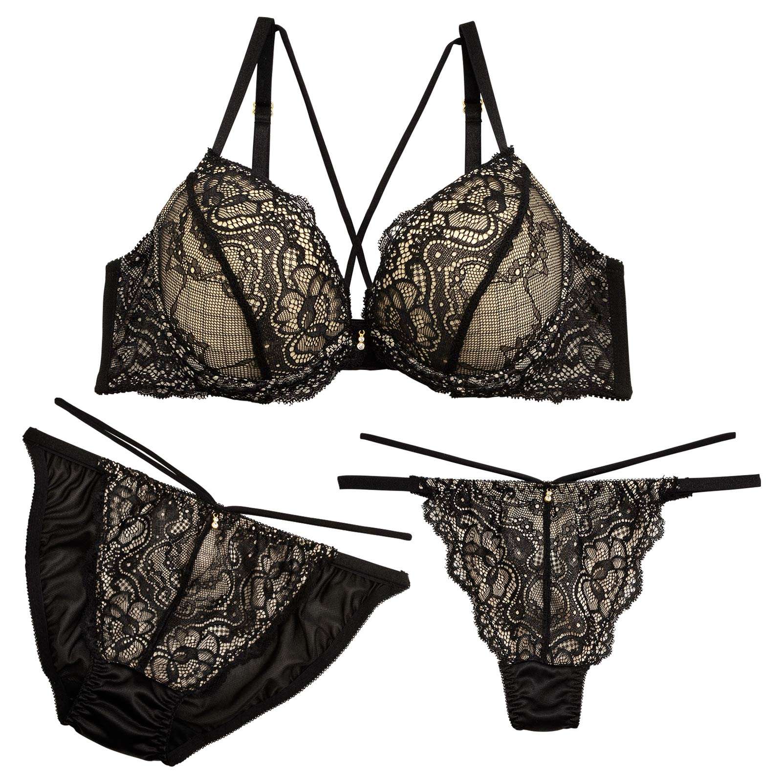 11/6再販!【三上悠亜着用】【3点セット】レーシィクロスコードブラジャー&フルバックショーツ&Tバックショーツ