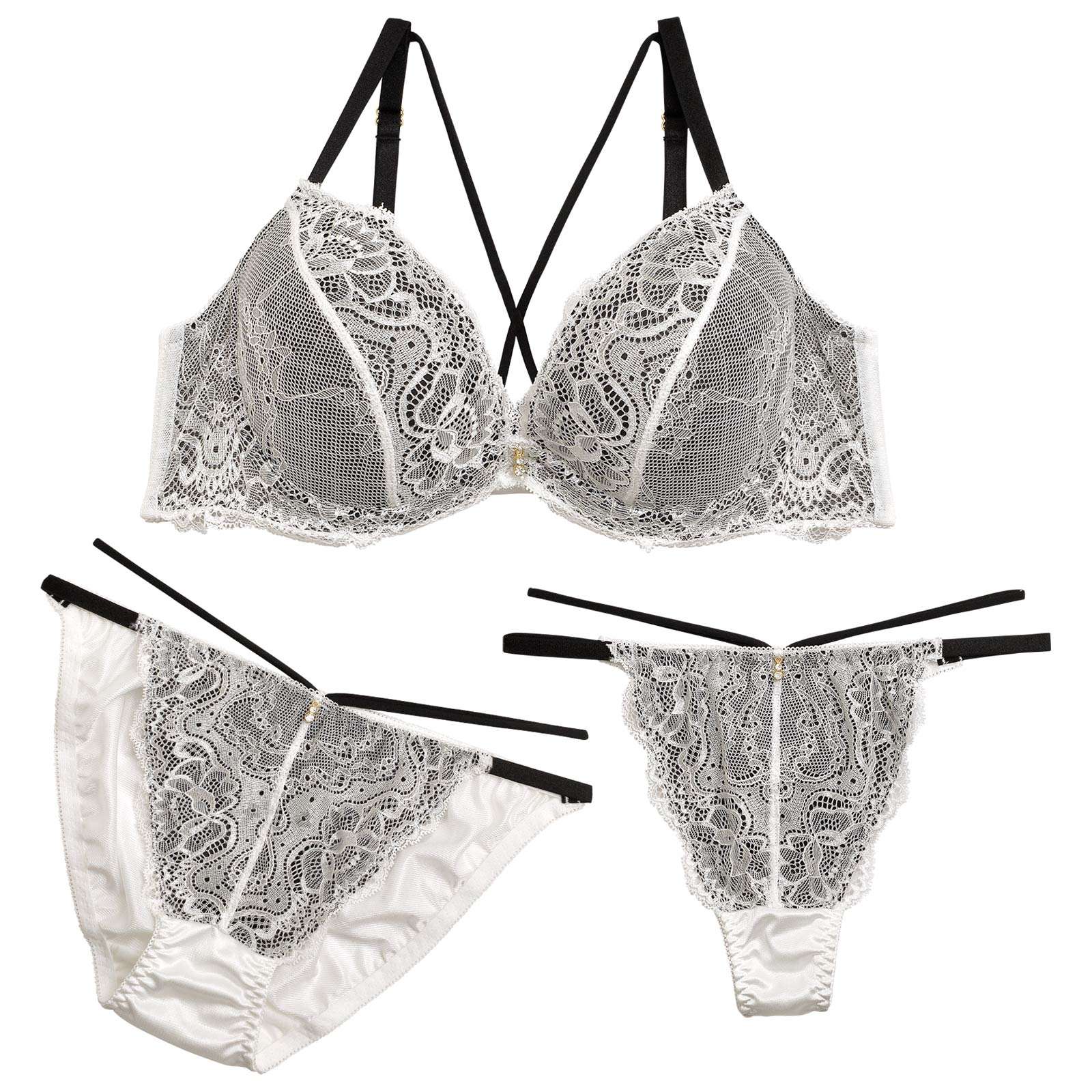 11/6再販!【三上悠亜着用】【3点セット】【GHIサイズ】レーシィクロスコードブラジャー&フルバック&Tバックショーツ