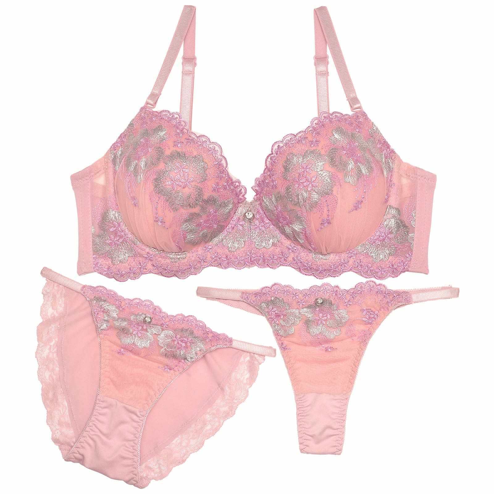 【3点セット】ファンシーグロスフラワーブラジャー&フルバック&Tバックショーツ