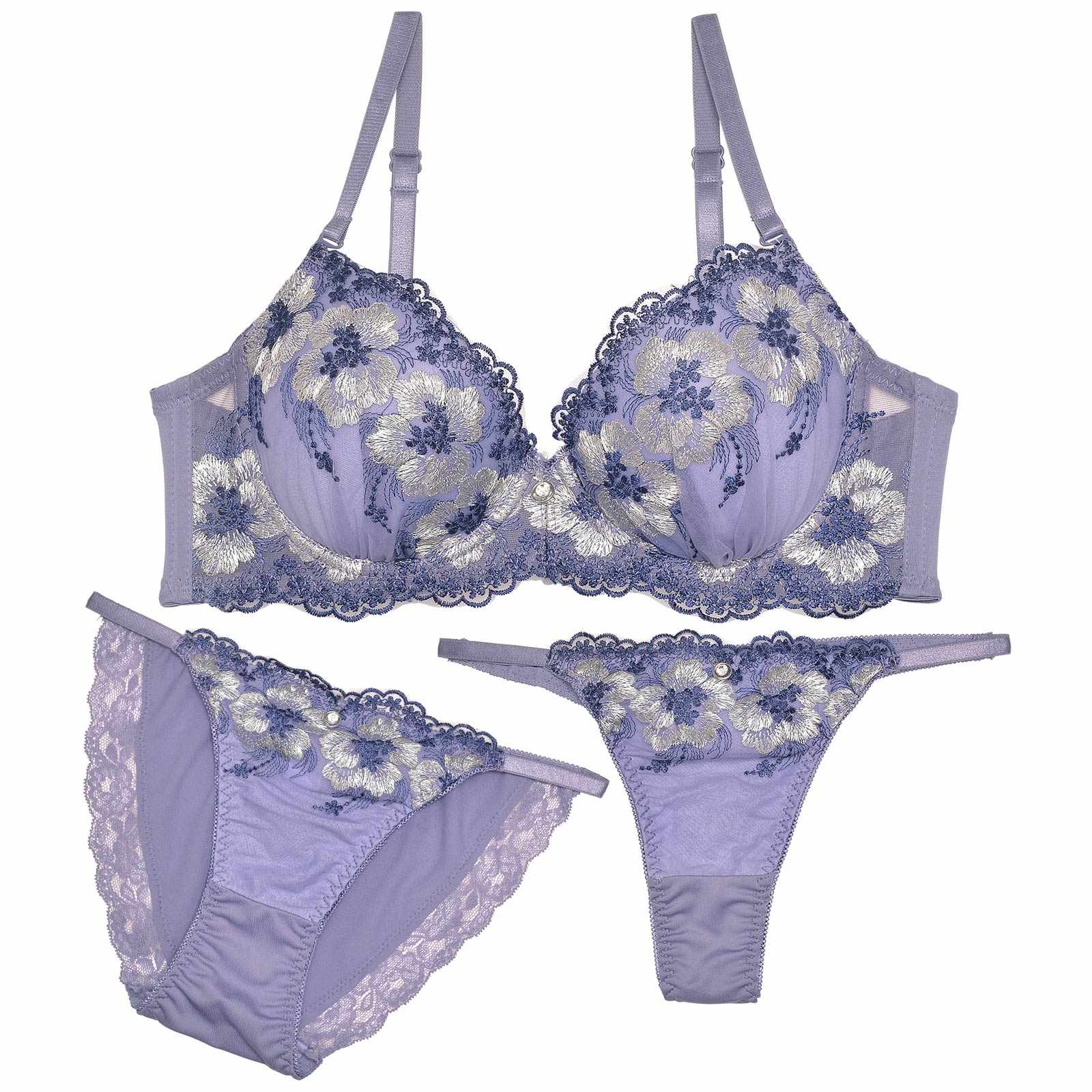 【3点セット】ファンシーグロスフラワーブラジャー&フルバック&Tバックショーツ