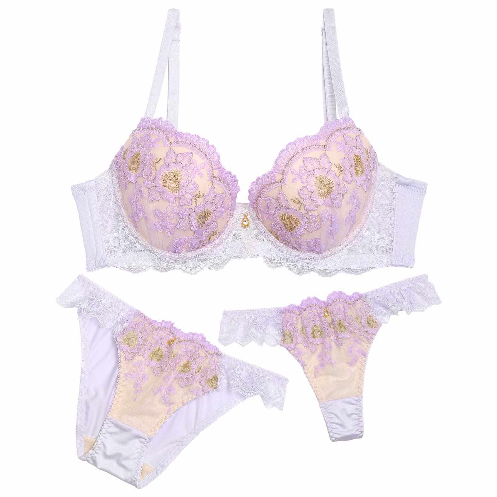 【3点セット】トゥインクルミルキーフラワー育乳脇高ブラジャー&フルバック&Tバックショーツ - 【公式】247Lingerie