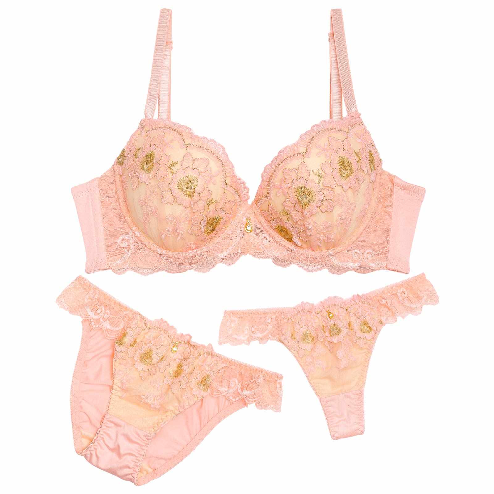 【3点セット】トゥインクルミルキーフラワー育乳脇高ブラジャー&フルバック&Tバックショーツ