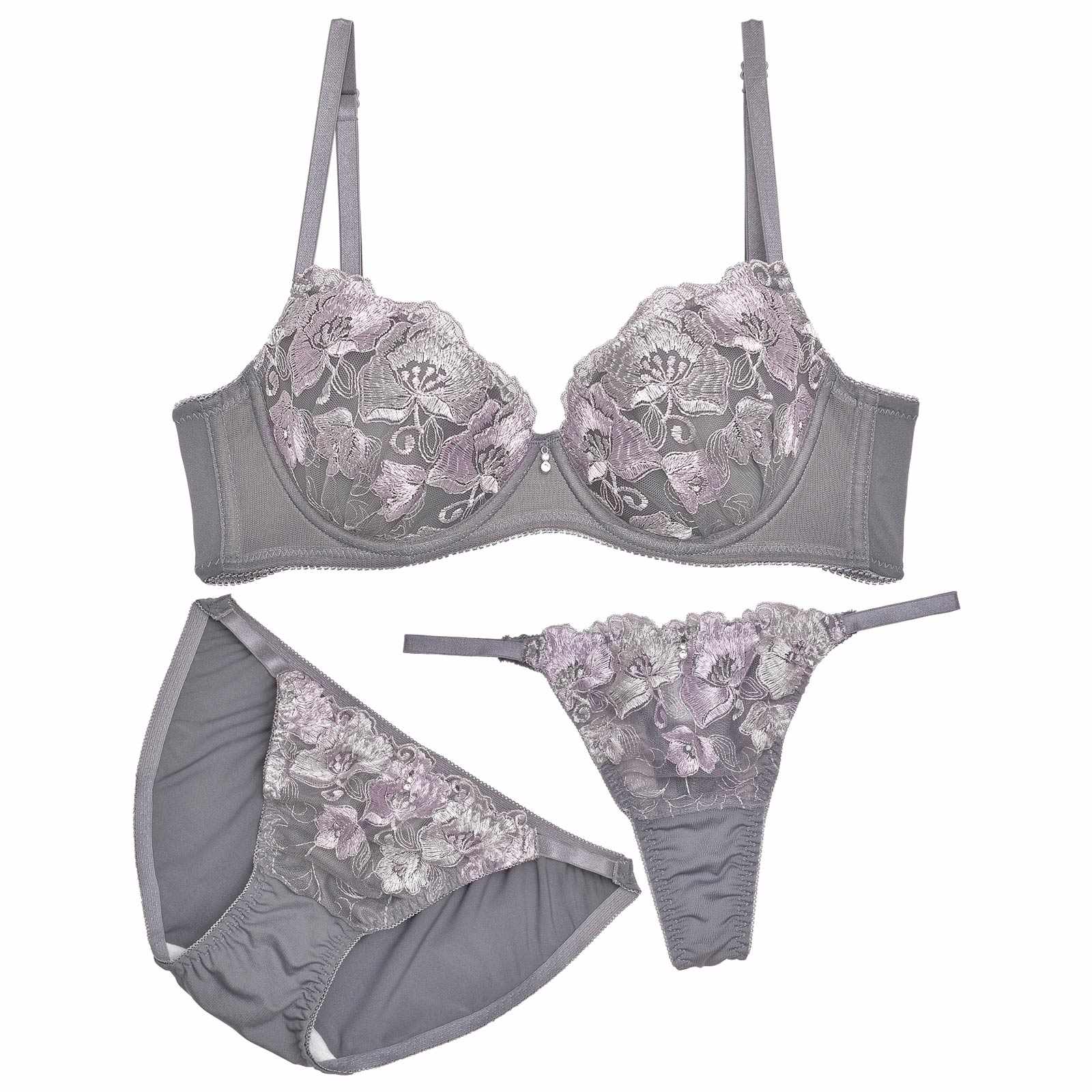 【3点セット】ドルチェフルールエンブロイダリー育乳脇高ブラジャー&フルバック&Tバックショーツ