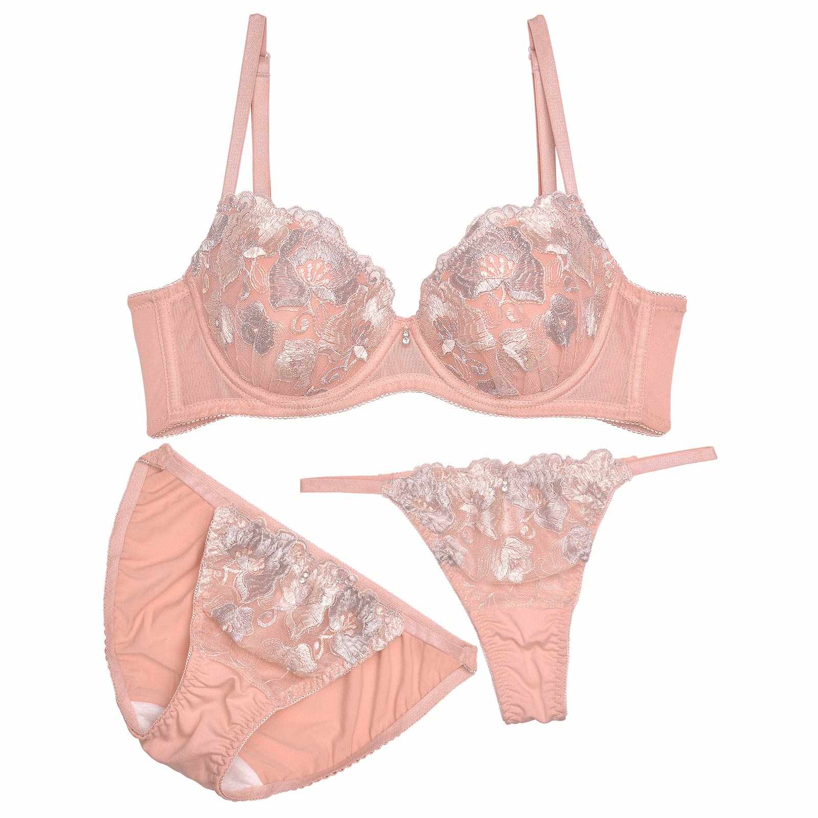 【3点セット】ドルチェフルールエンブロイダリー育乳脇高ブラジャー&フルバック&Tバックショーツ