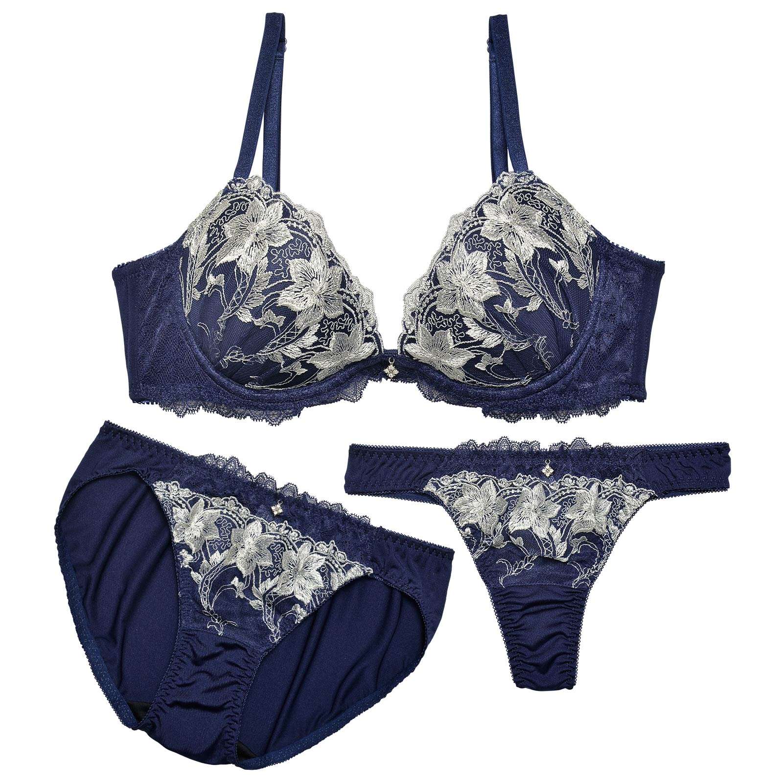 【3点セット】ダマスクアイビーブルーム育乳脇高ブラジャー&フルバック&Tバックショーツ