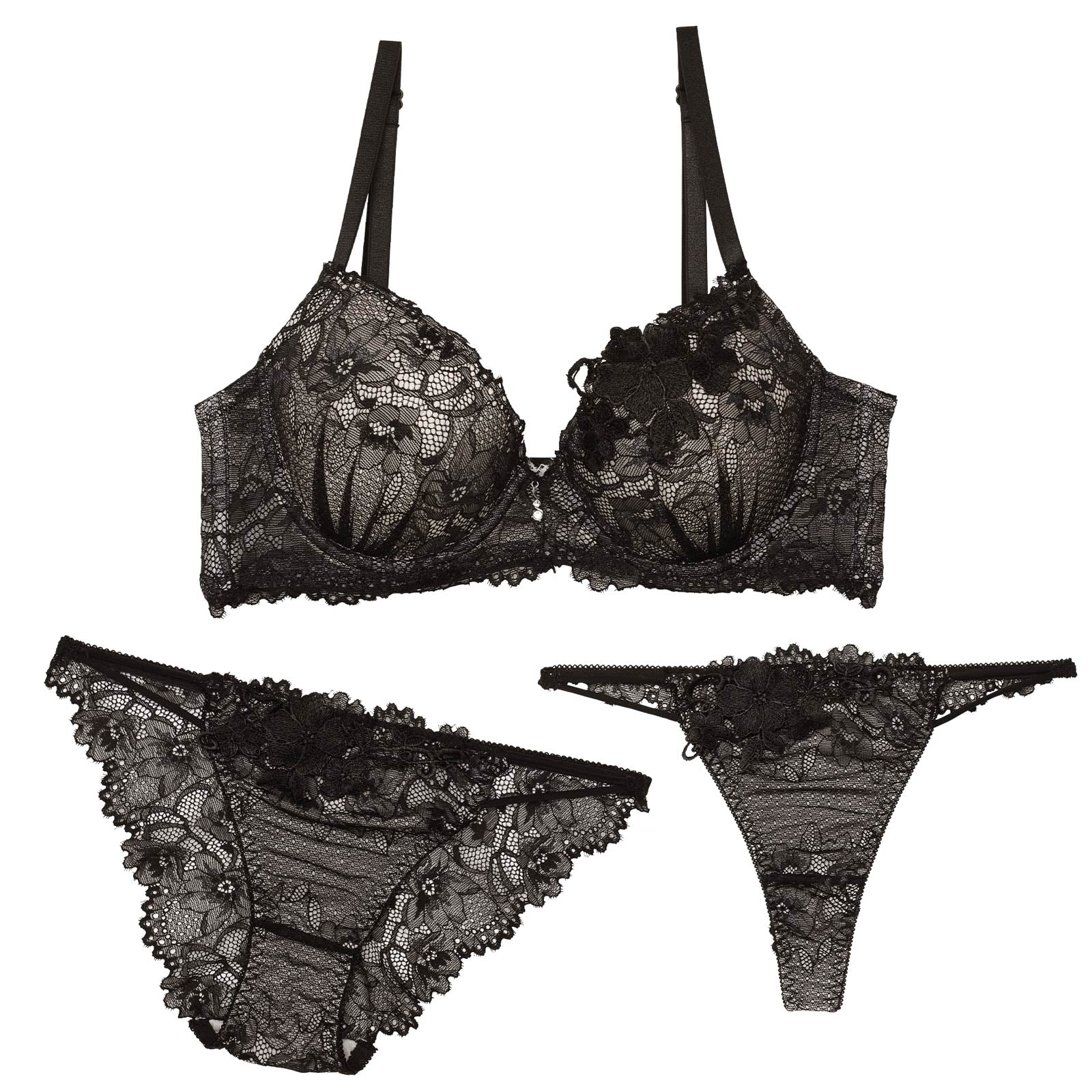 【3点セット】ケミカルレーシィストリング育乳脇高ブラジャー&バック透けフルバック&Tバックショーツ