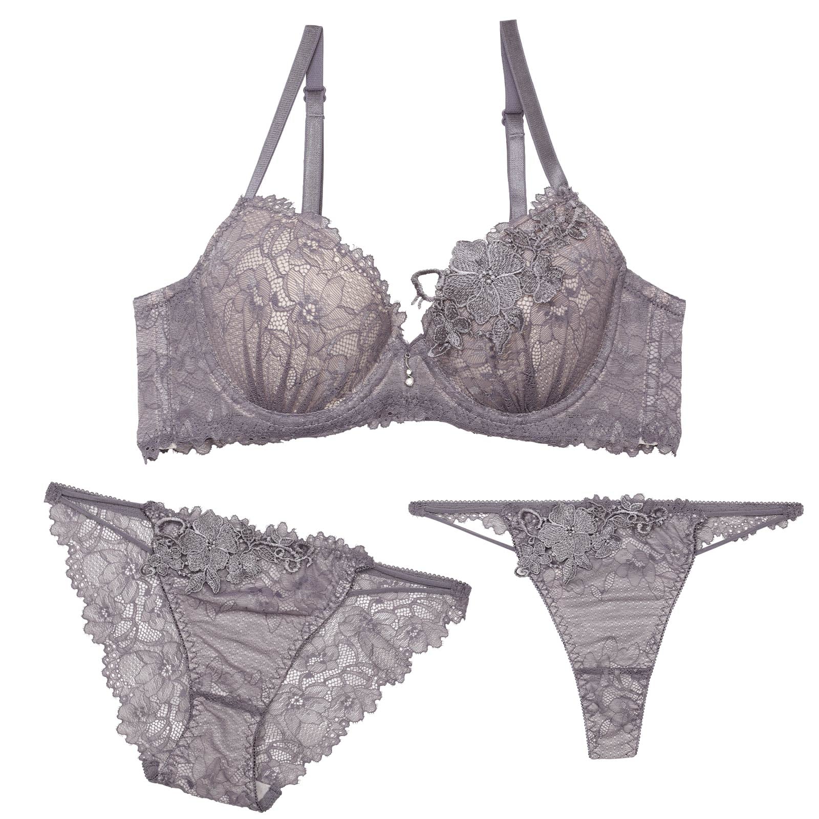 【3点セット】ケミカルレーシィストリング育乳脇高ブラジャー&バック透けフルバック&Tバックショーツ