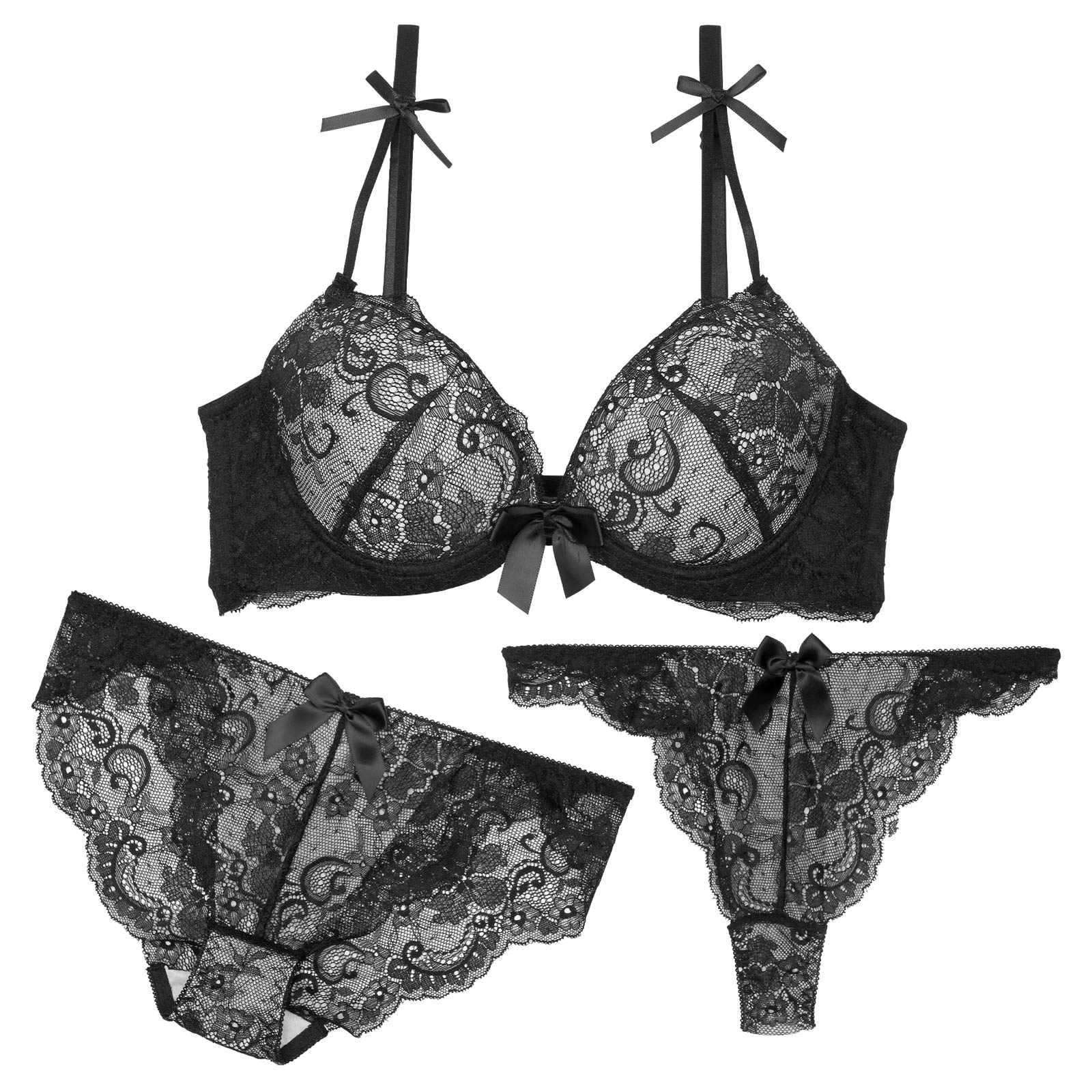 【3点セット】モノトーンレーシィリボン育乳脇高ブラジャー&バック透けフルバック&Tバックショーツ