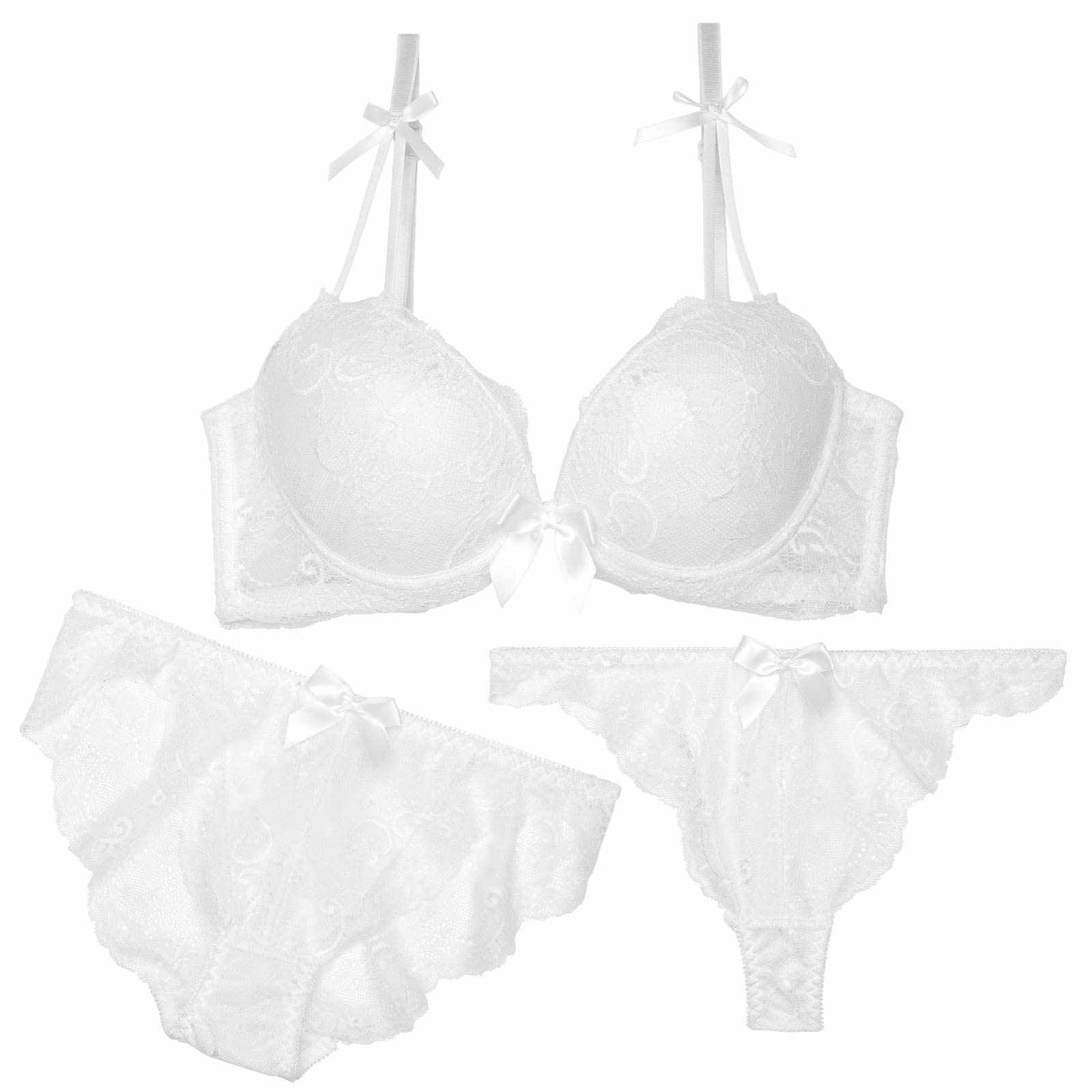 【3点セット】モノトーンレーシィリボン育乳脇高ブラジャー&バック透けフルバック&Tバックショーツ