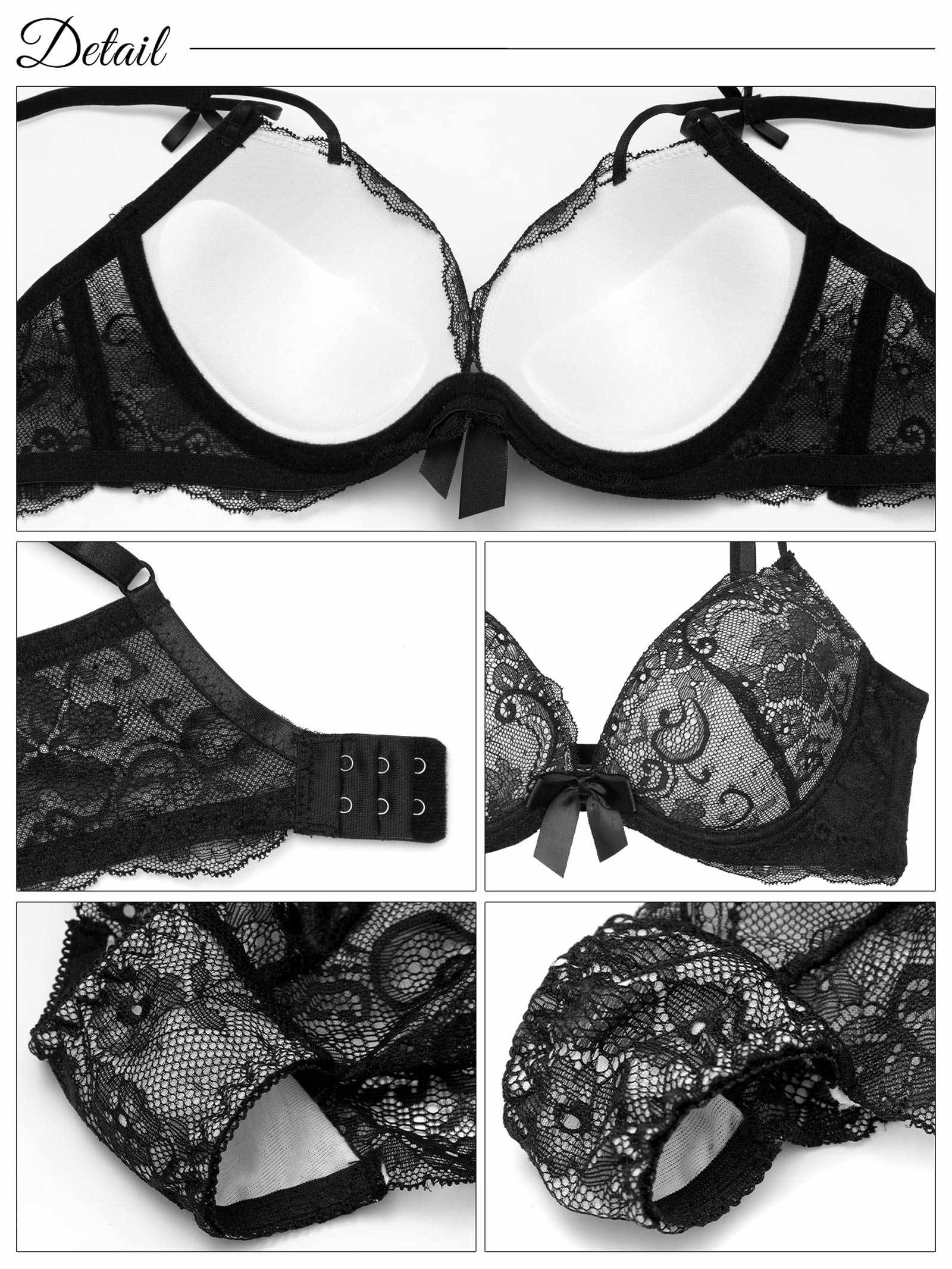 6/13新作!【3点セット】モノトーンレーシィリボン育乳脇高ブラジャー&バック透けフルバック&Tバックショーツ