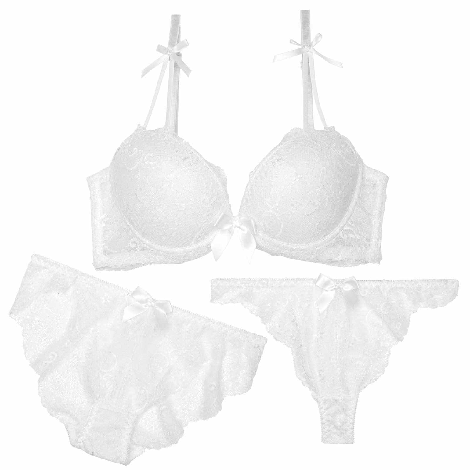 【3点セット】【GHIサイズ】モノトーンレーシィリボン育乳脇高ブラジャー&バック透けフルバック&Tバックショーツ