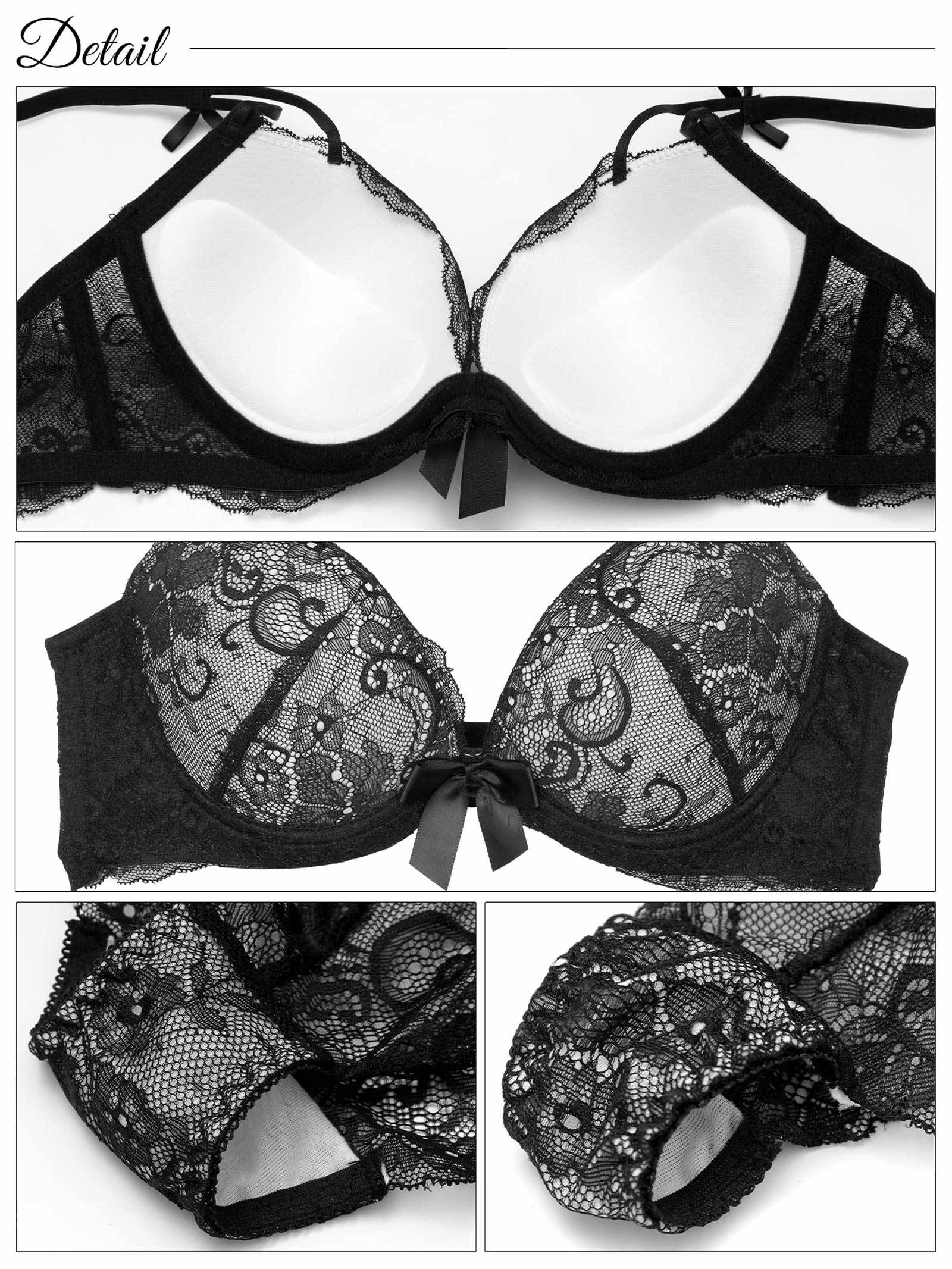 6/13新作!【3点セット】【GHIサイズ】モノトーンレーシィリボン育乳脇高ブラジャー&バック透けフルバック&Tバックショーツ