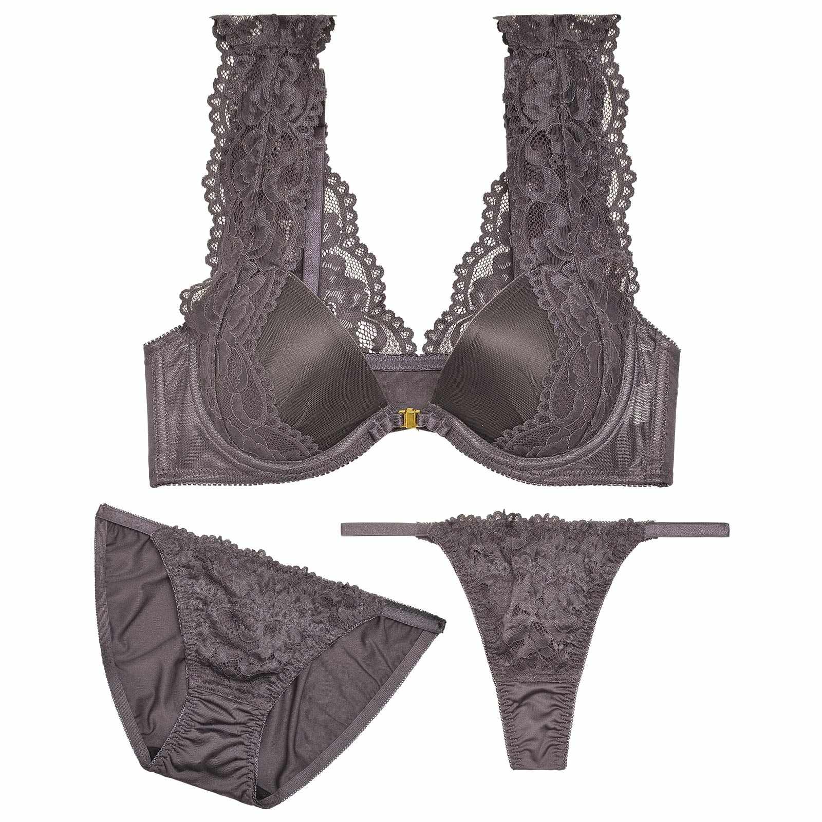 【3点セット】クラッシーレースフロントホックブラジャー&フルバック&Tバックショーツ