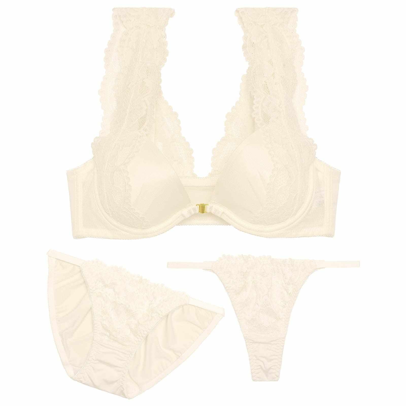 【3点セット】クラッシーレースフロントホックブラジャー&フルバック&Tバックショーツ