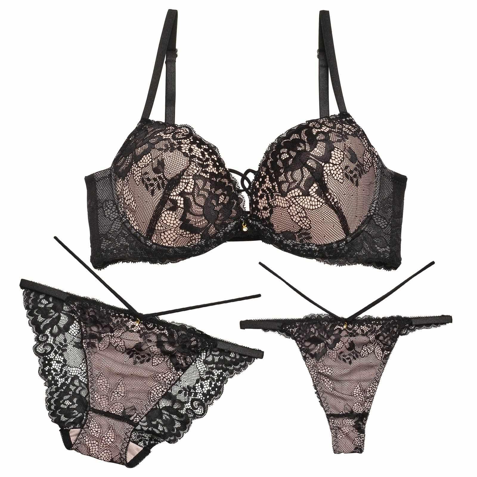 【3点セット】ドレッシーレースミックスコード育乳脇高ブラジャー&バック透けフルバック&Tバックショーツ - 【公式】247Lingerie