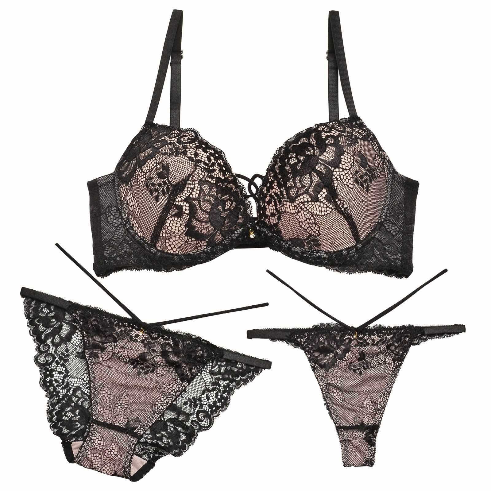 【3点セット】【GHIサイズ】ドレッシーレースミックスコード育乳脇高ブラジャー&バック透けフルバック&Tバックショーツ - 【公式】247Lingerie