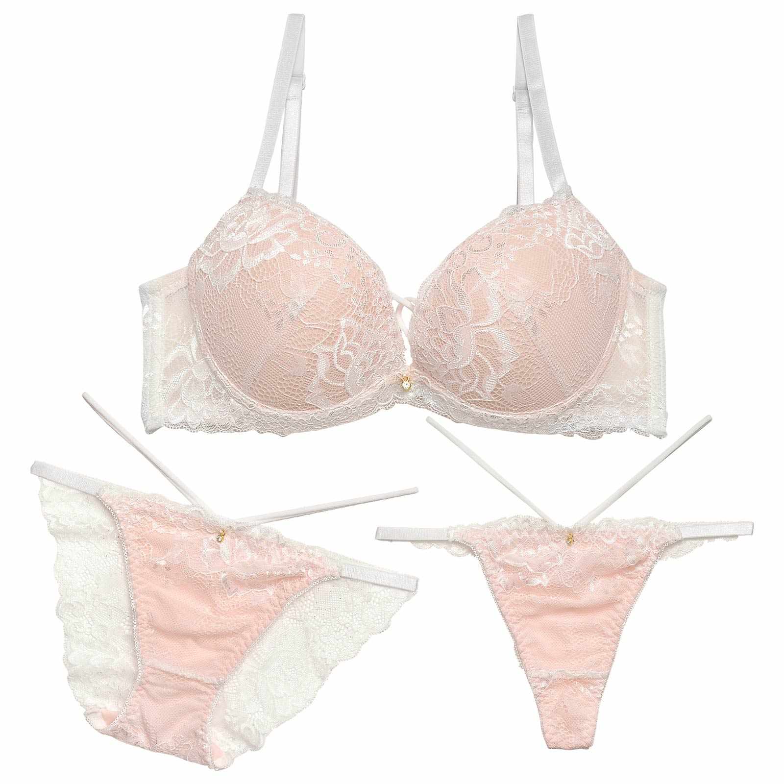 【3点セット】【GHIサイズ】ドレッシーレースミックスコード育乳脇高ブラジャー&バック透けフルバック&Tバックショーツ - 【公式】247Lingerie