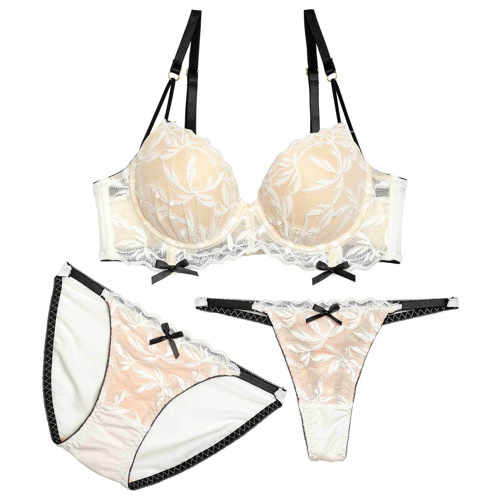 【3点セット】ボタニカルレースリボン育乳脇高ブラジャー&フルバック&Tバックショーツ