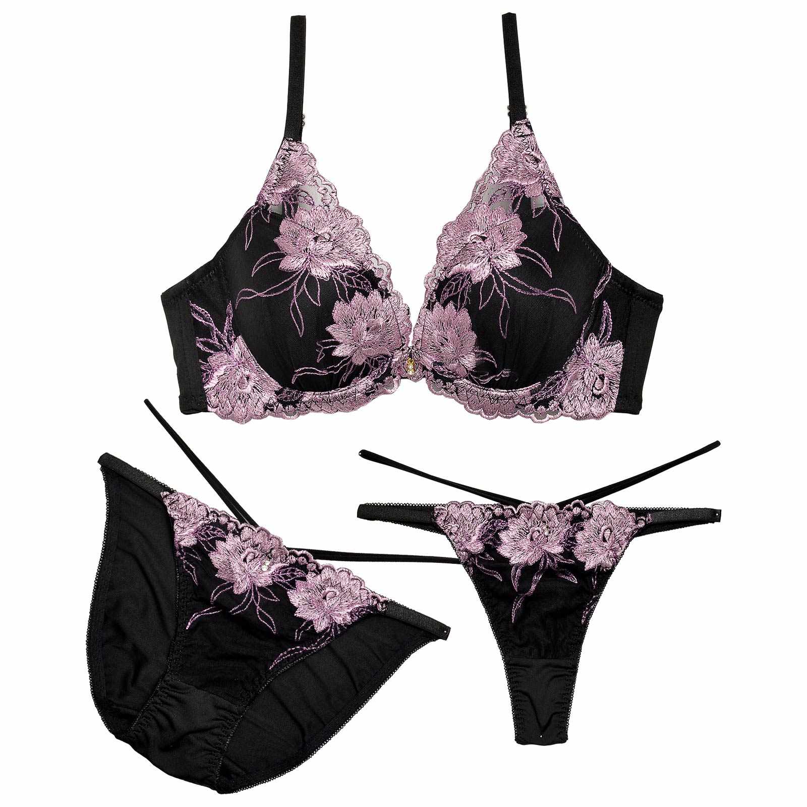 【3点セット】ダスティブリリアントフラワー育乳脇高ブラジャー&フルバック&Tバックショーツ