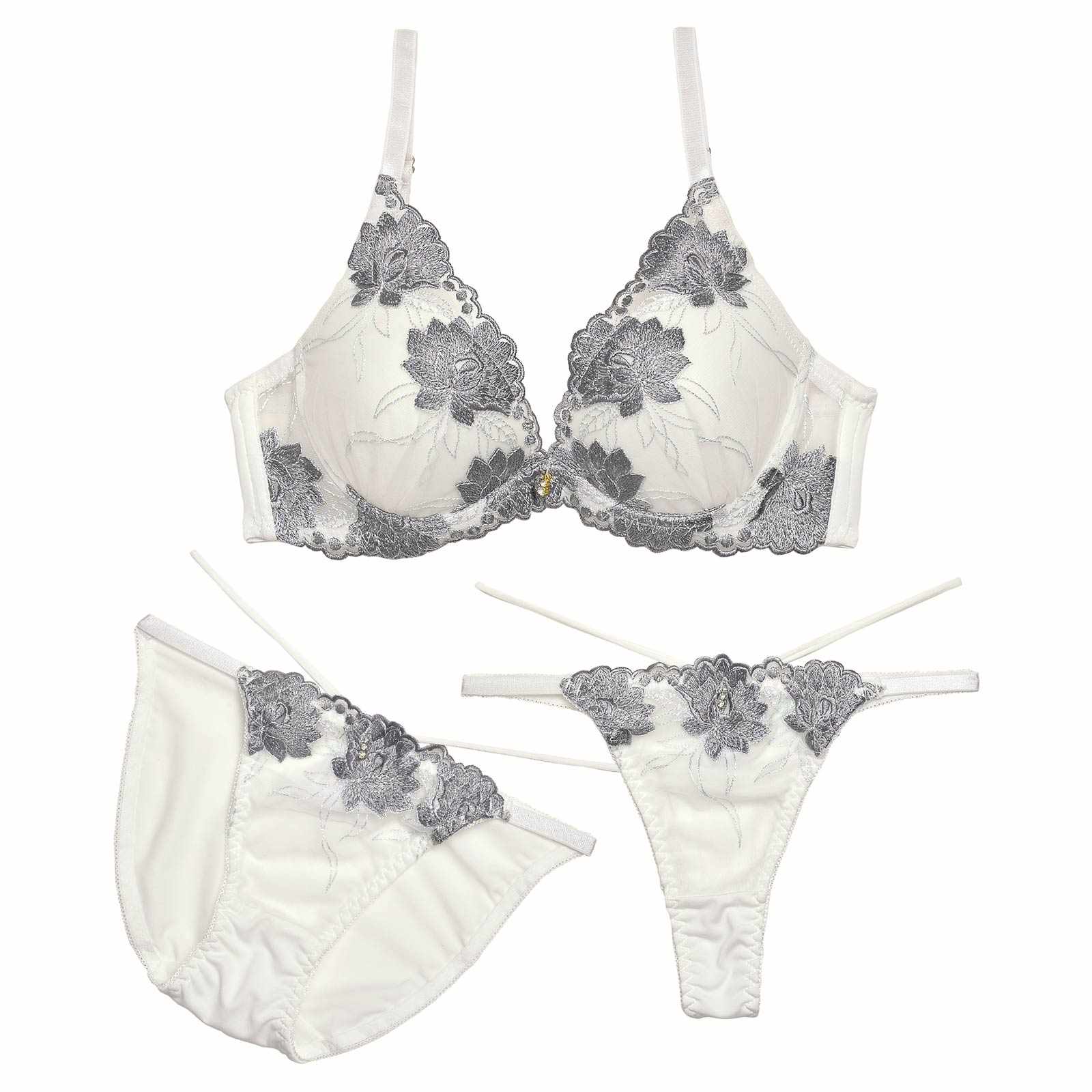 【3点セット】【GHIサイズ】ダスティブリリアントフラワー育乳脇高ブラジャー&フルバック&Tバックショーツ - 【公式】247Lingerie