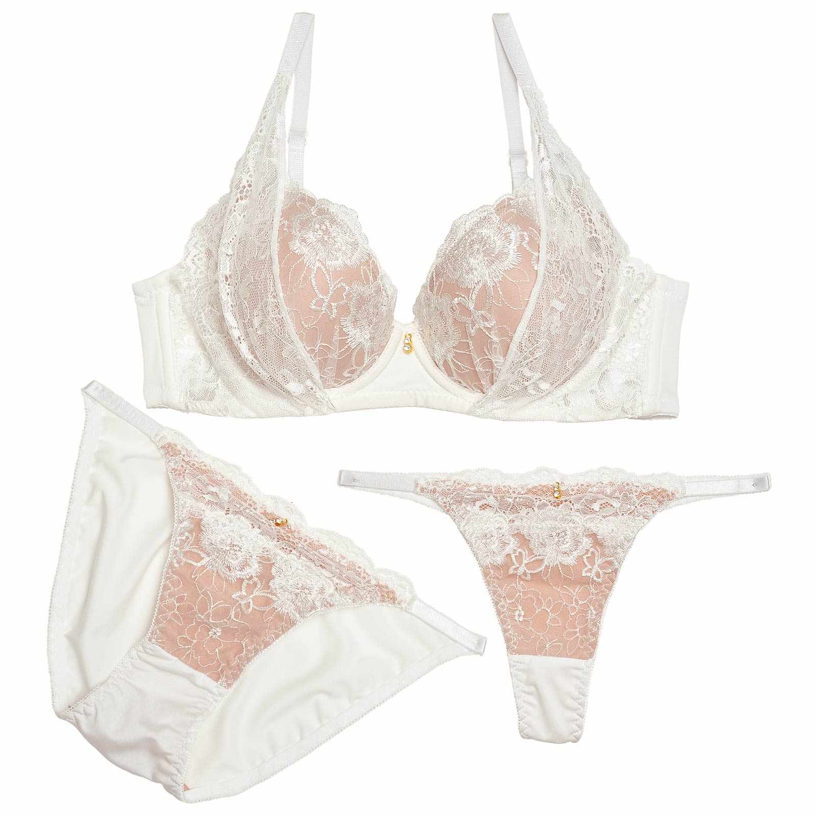 【3点セット】ヌーディーバタフライフラワーブラジャー&フルバック&Tバックショーツ