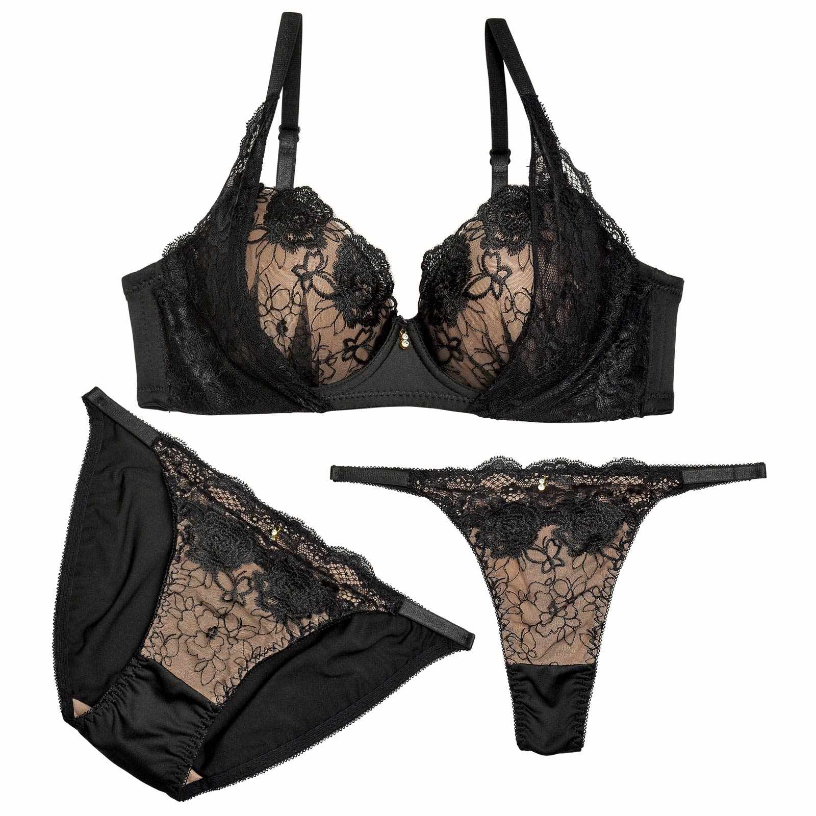 【3点セット】ヌーディーバタフライフラワーブラジャー&フルバック&Tバックショーツ