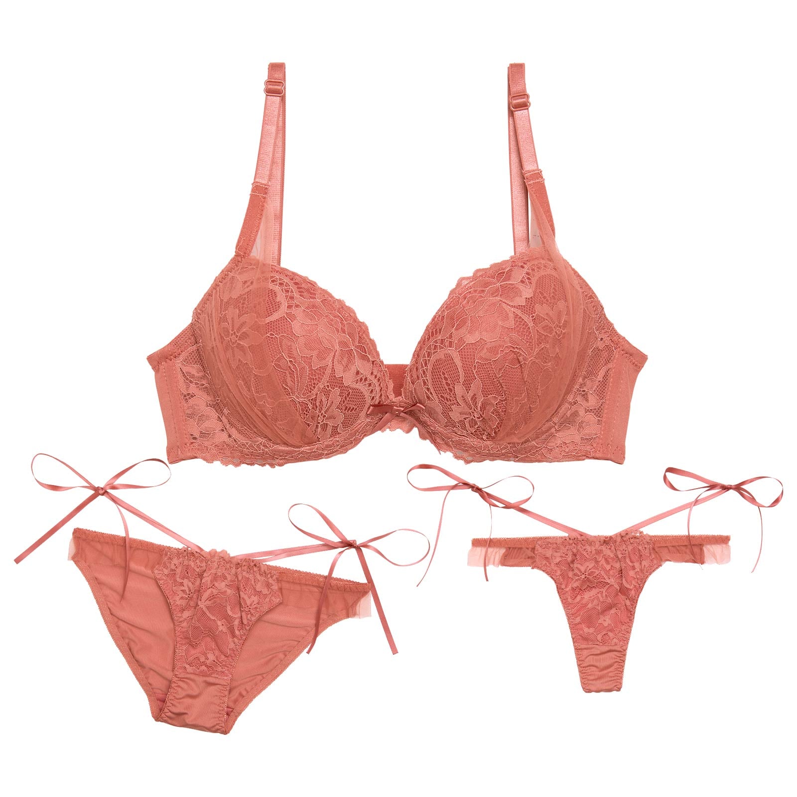 【3点セット】フローラルリボンチュール育乳脇高ブラジャー&フルバック&Tバックショーツ