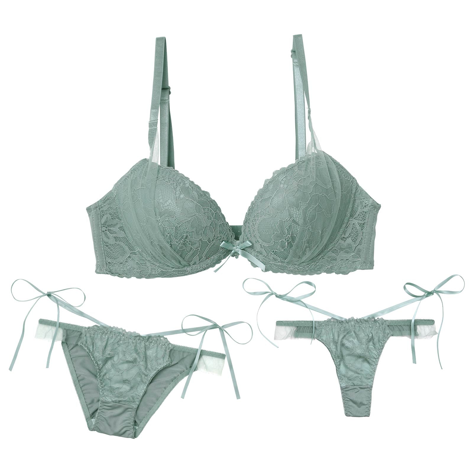 【3点セット】フローラルリボンチュール育乳脇高ブラジャー&フルバック&Tバックショーツ