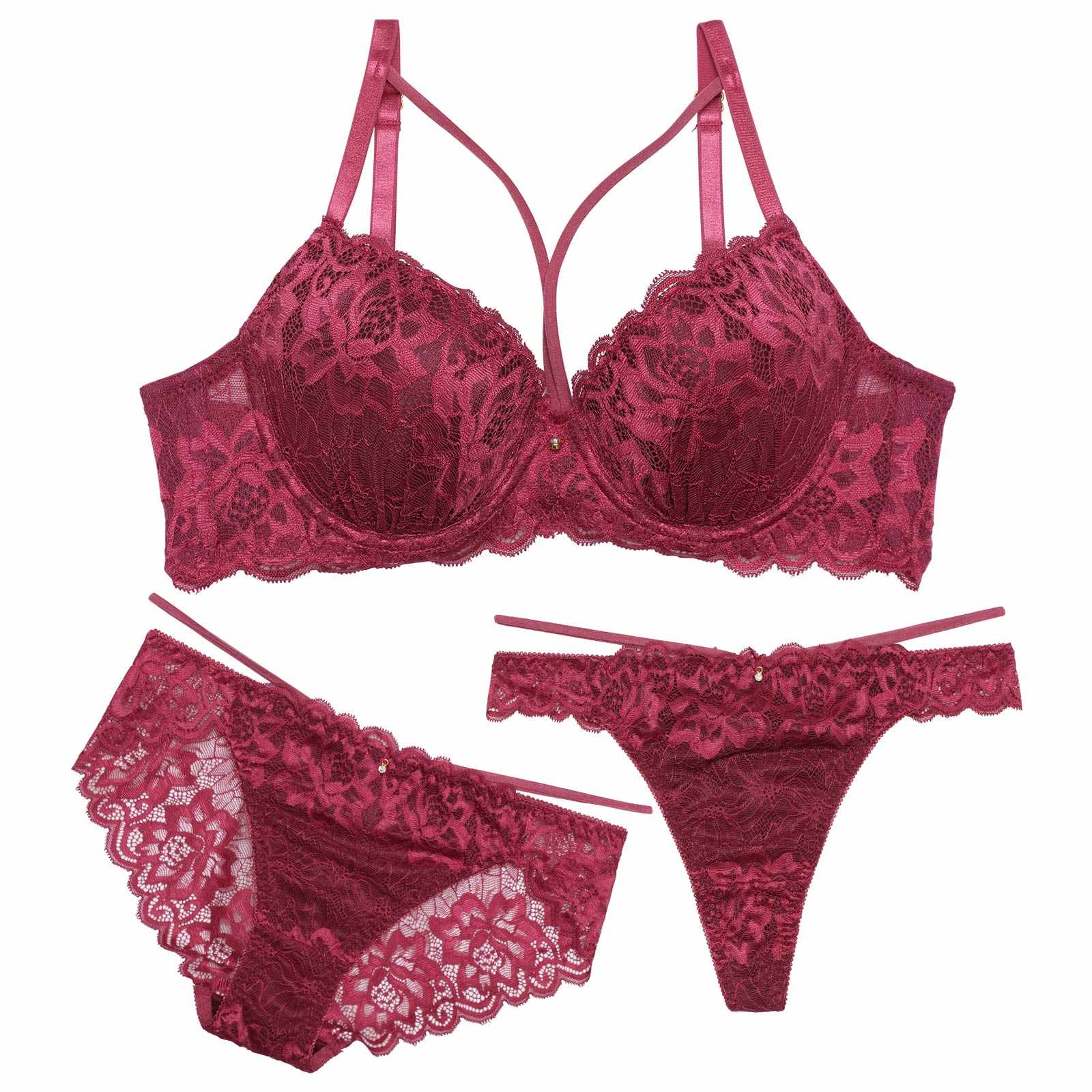 【3点セット】フローリッシュコードレースブラジャー&バック透けフルバック&Tバックショーツ